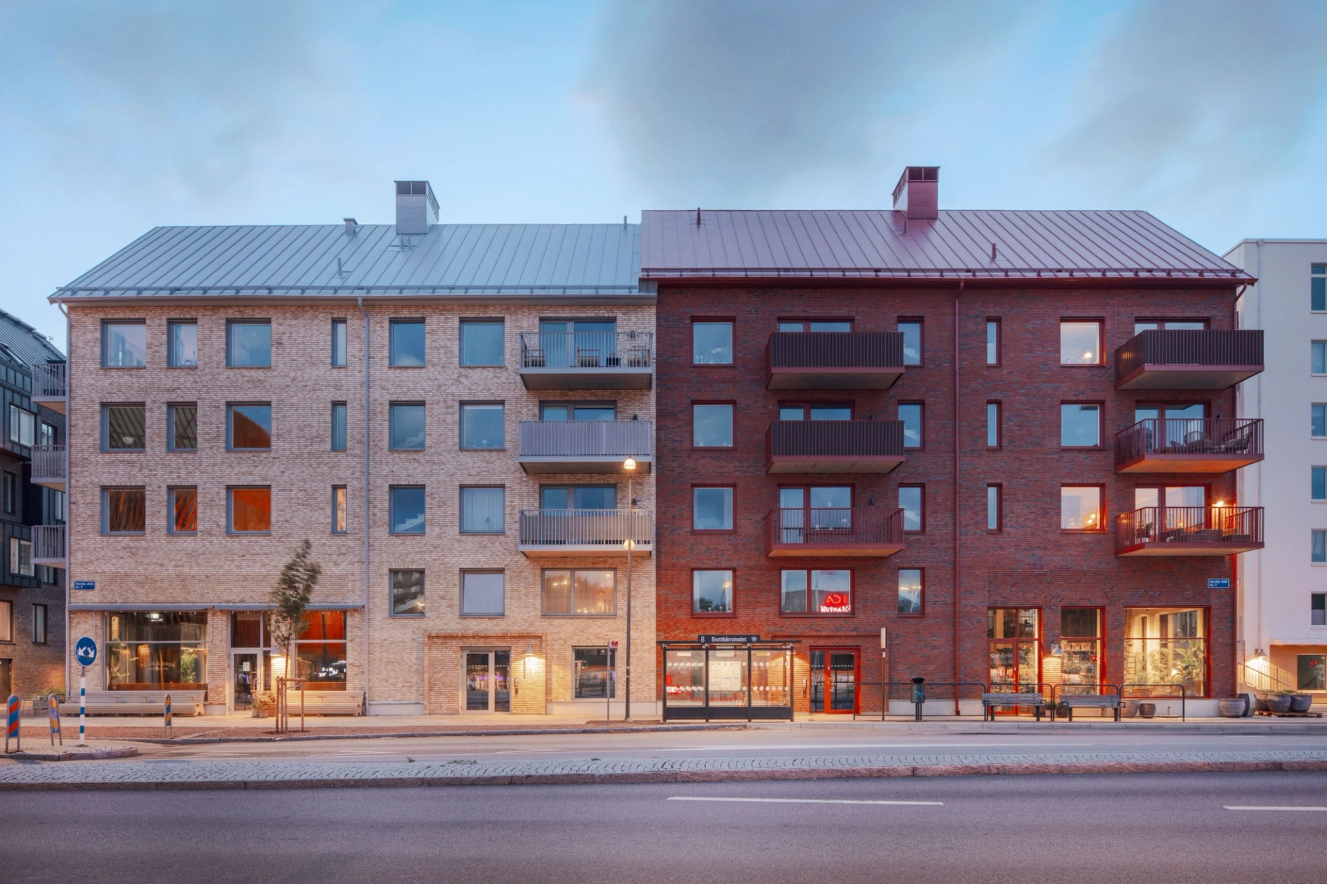 Hovås entré fasader och bottenplan med butiker mot gatan