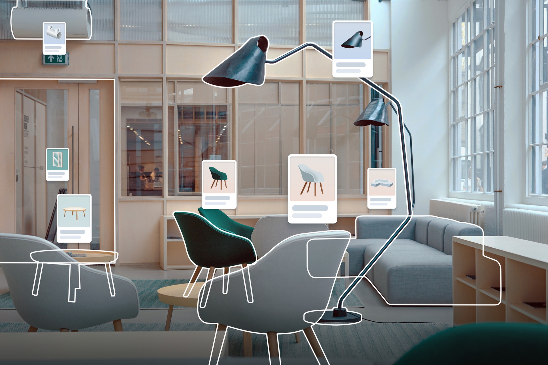 Grafisk visualisering av en interiör med möbler