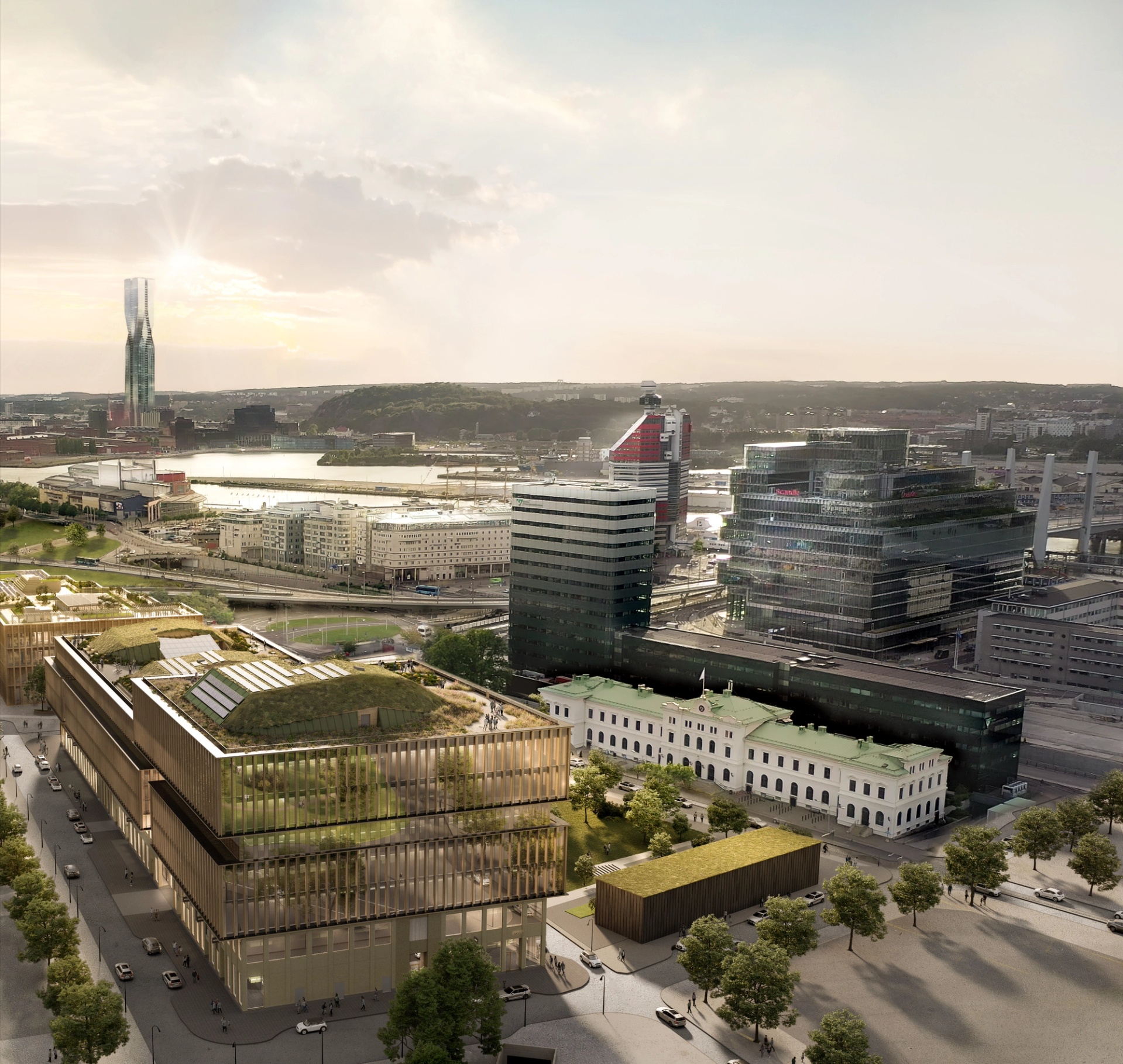 Visualisering ovanifrån visar Park Central och platsen i centrala Göteborg. Utblick mot älven.