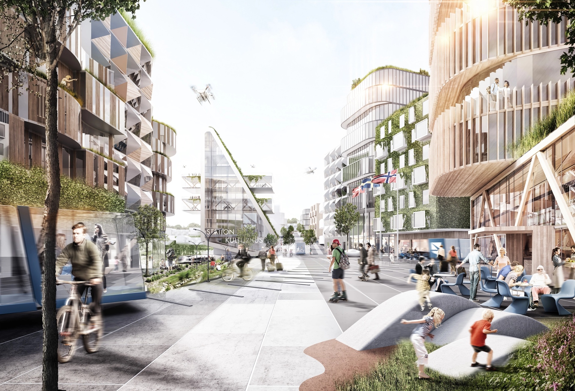 Visualisering av målbilden för Landvetter Södra etapp ett, gatuvy