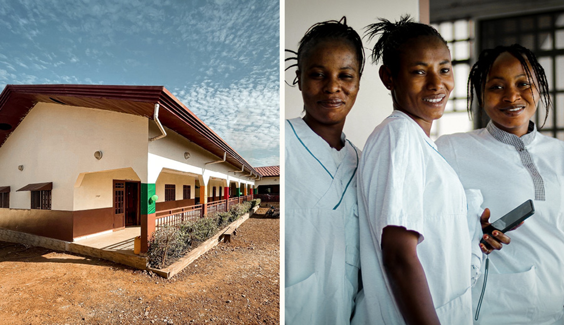 Collage av bild på läkarstation i Guinea och foto på tre sjuksköterskor.