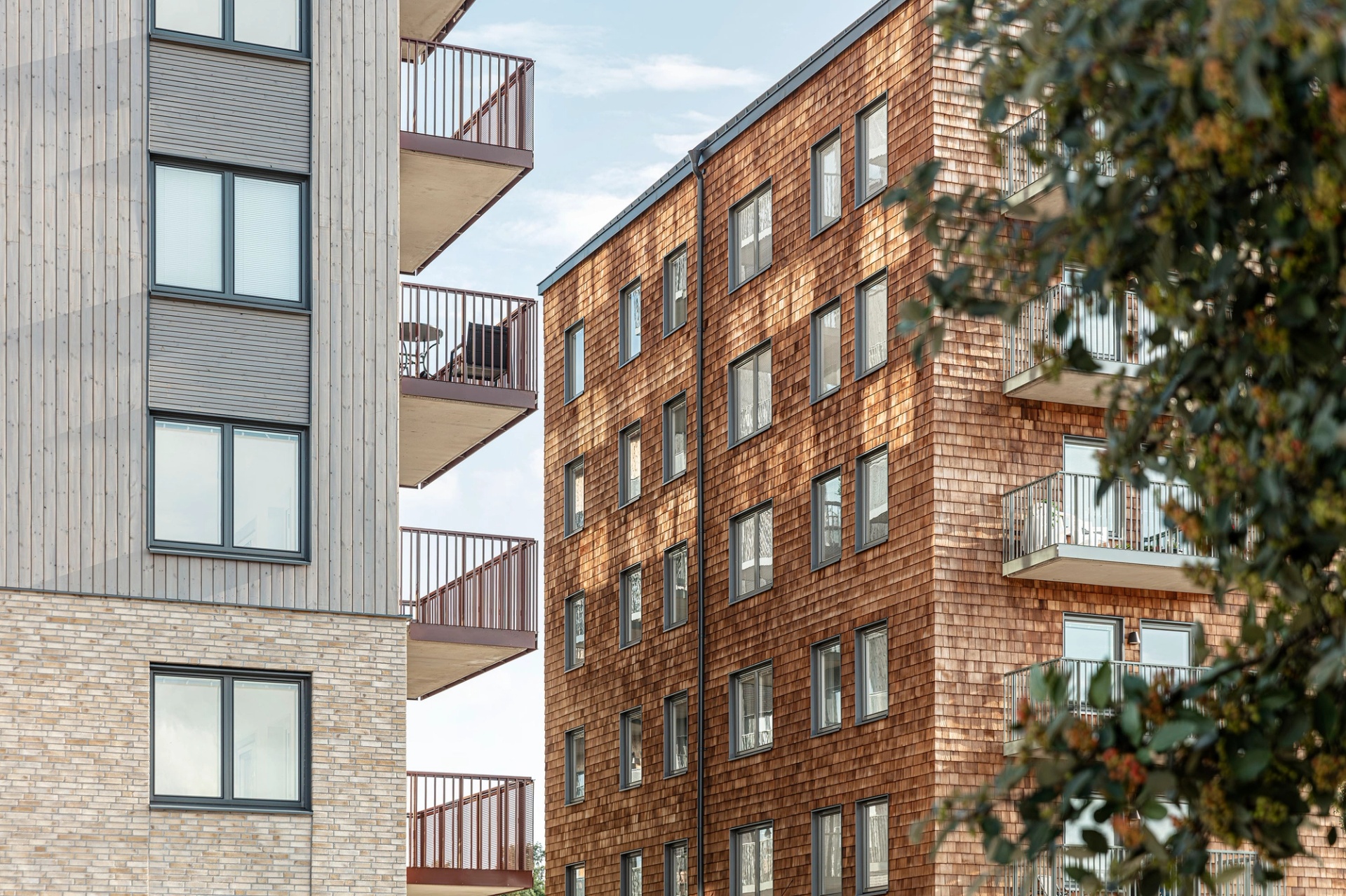 Parkhusen i Uppsala, närbild på fasader med grönska i förgrunden