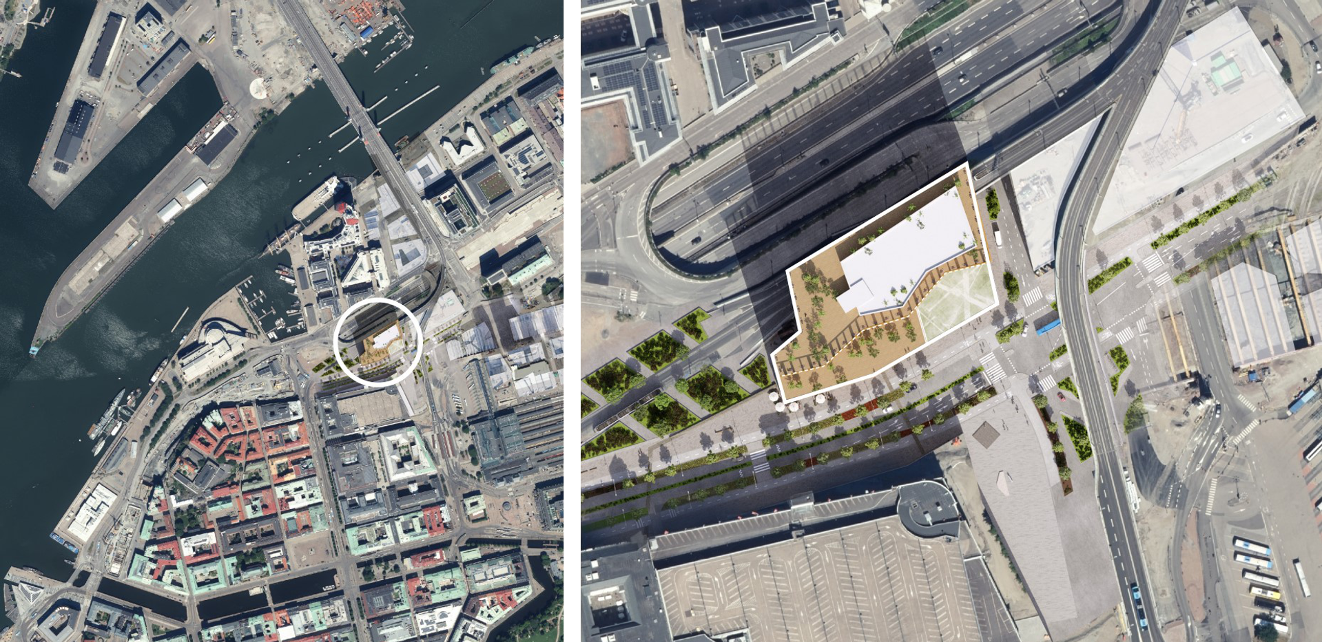 Flygvy. Noon placering i centrala staden mellan Nordstan, Lilla Bommen och Operan.