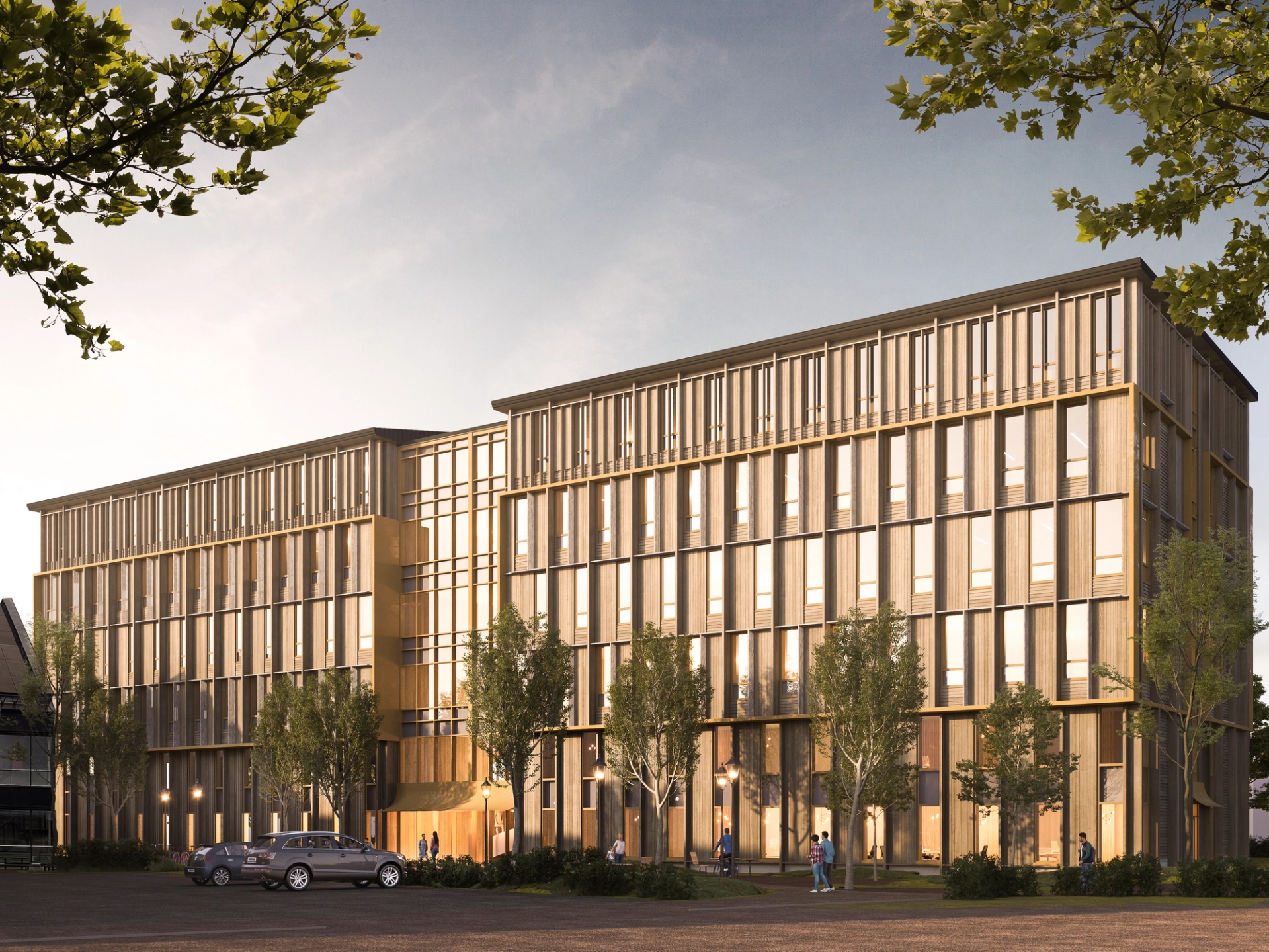 Visualisering av Byggnad 66, byggnad i helhet i kvällsljus