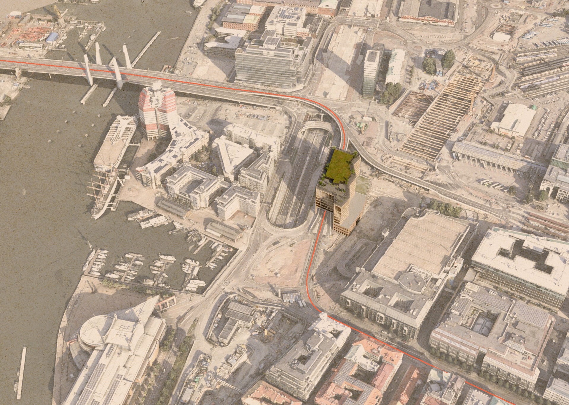 Noon. Kontorshus i Centralenområdet, Göteborg. Karta som visar hur spårvägen som går genom huset.