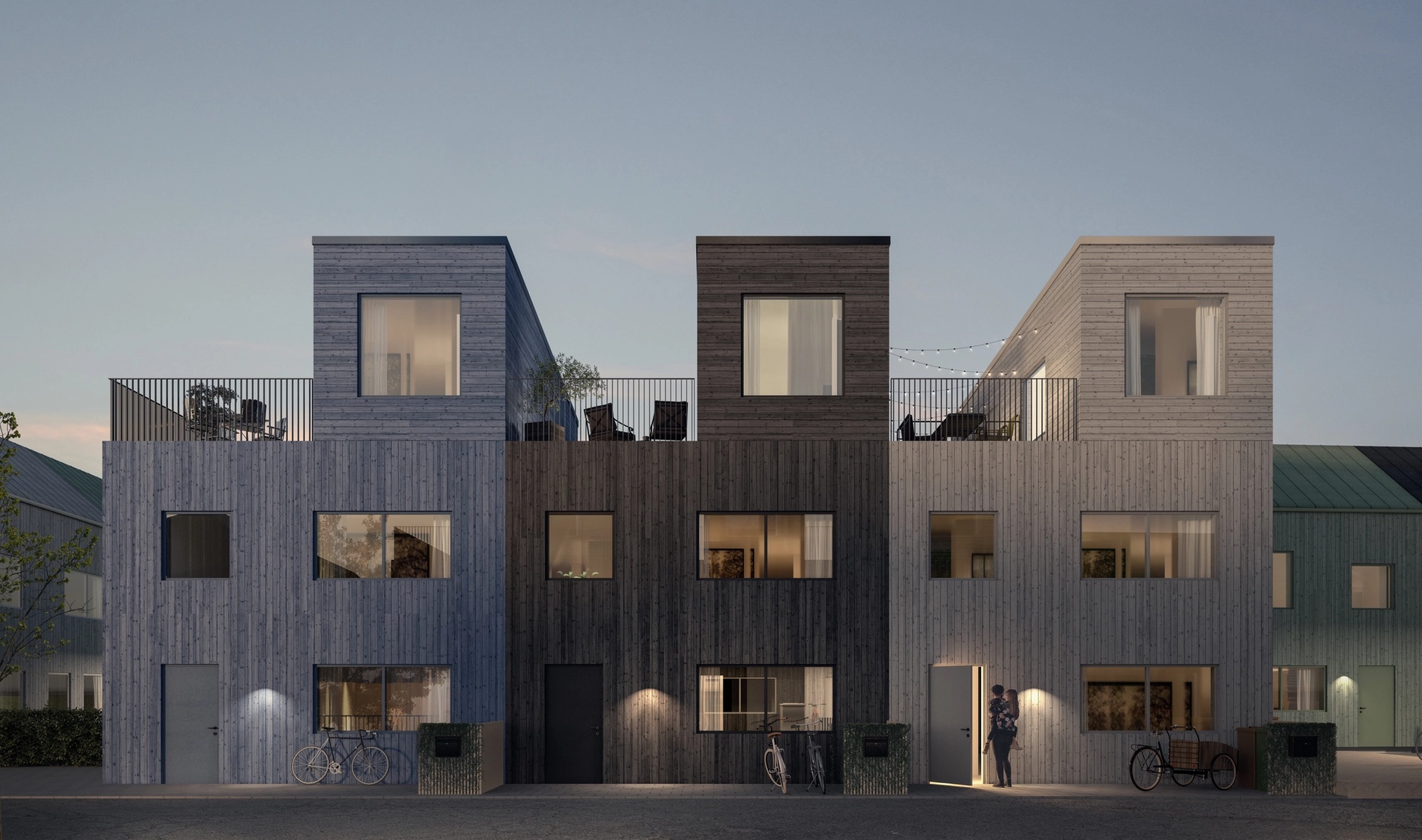 Exteriör visualisering av bostadsprojektet Fyllinge, Halmstad ritat av Arkitekterna Krook & Tjäder