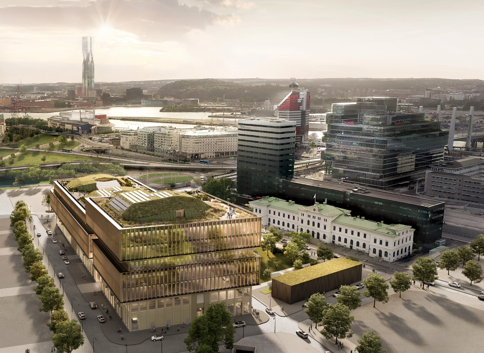 Visualisering ovanifrån visar Park Central och platsen i centrala Göteborg. Utblick mot älven.