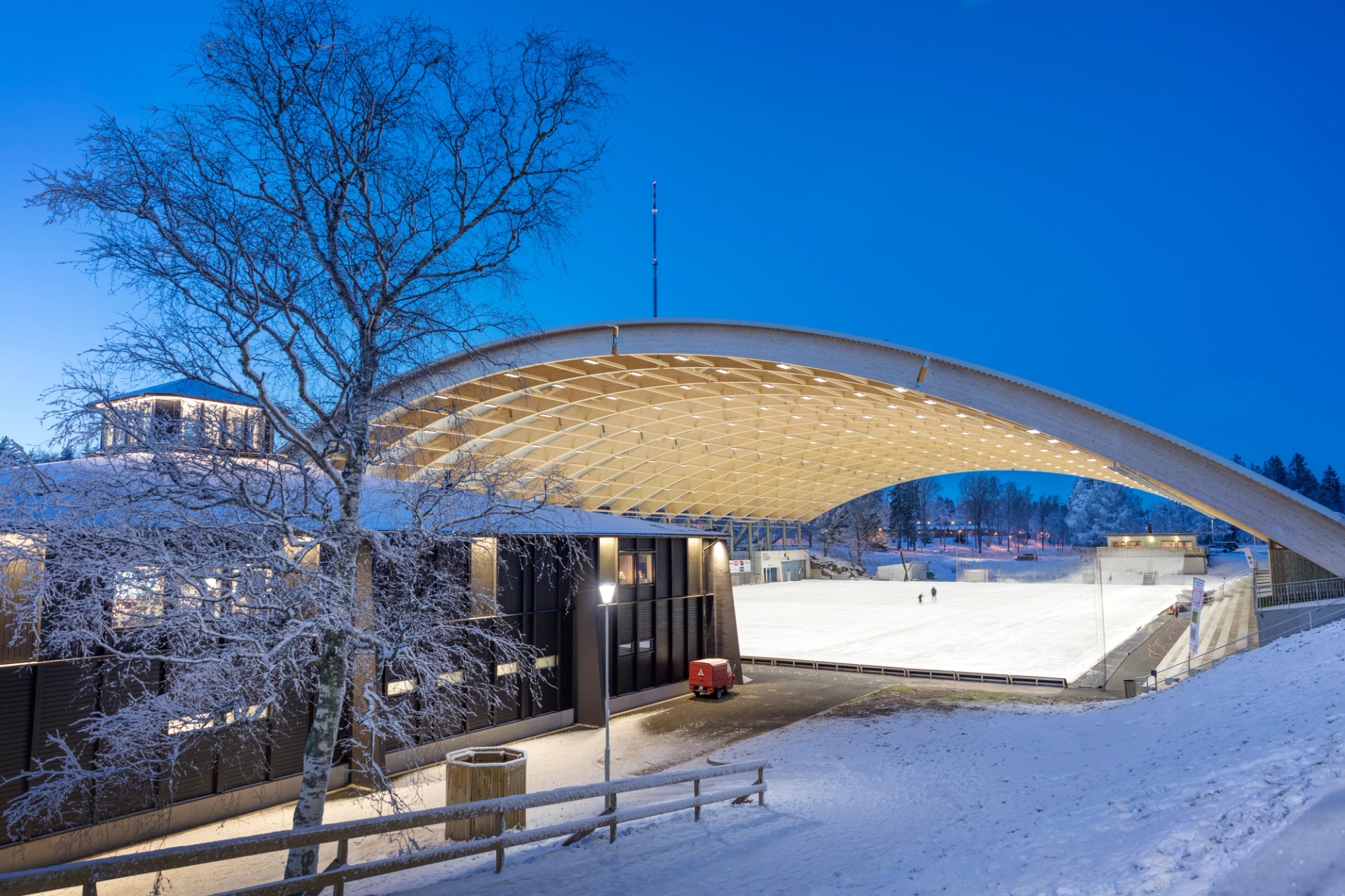 Foto på Arena Billingens bandyplanstak i vinterväder