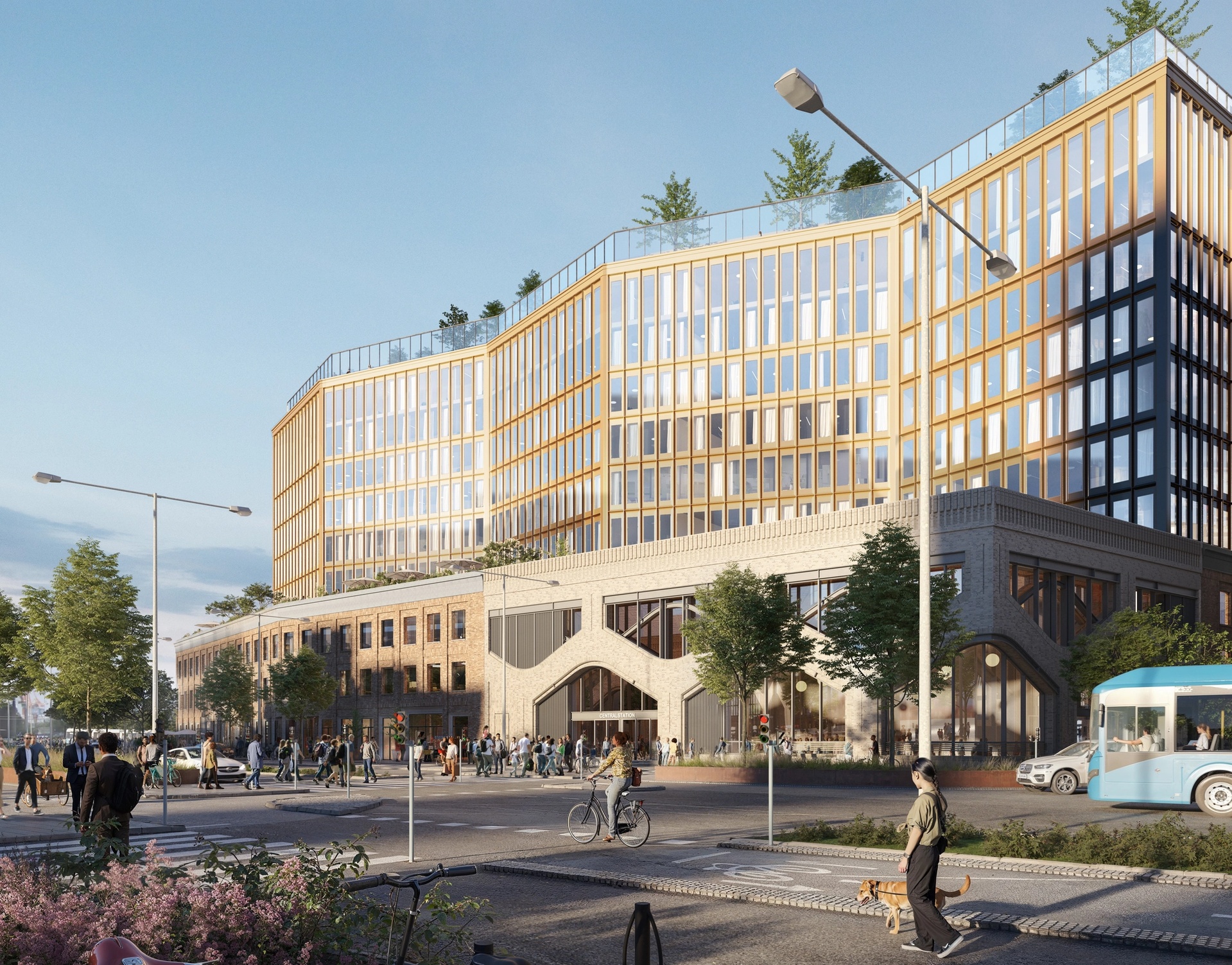 Noon, fasad kontorshus. Anslutning till stationsbyggnad.