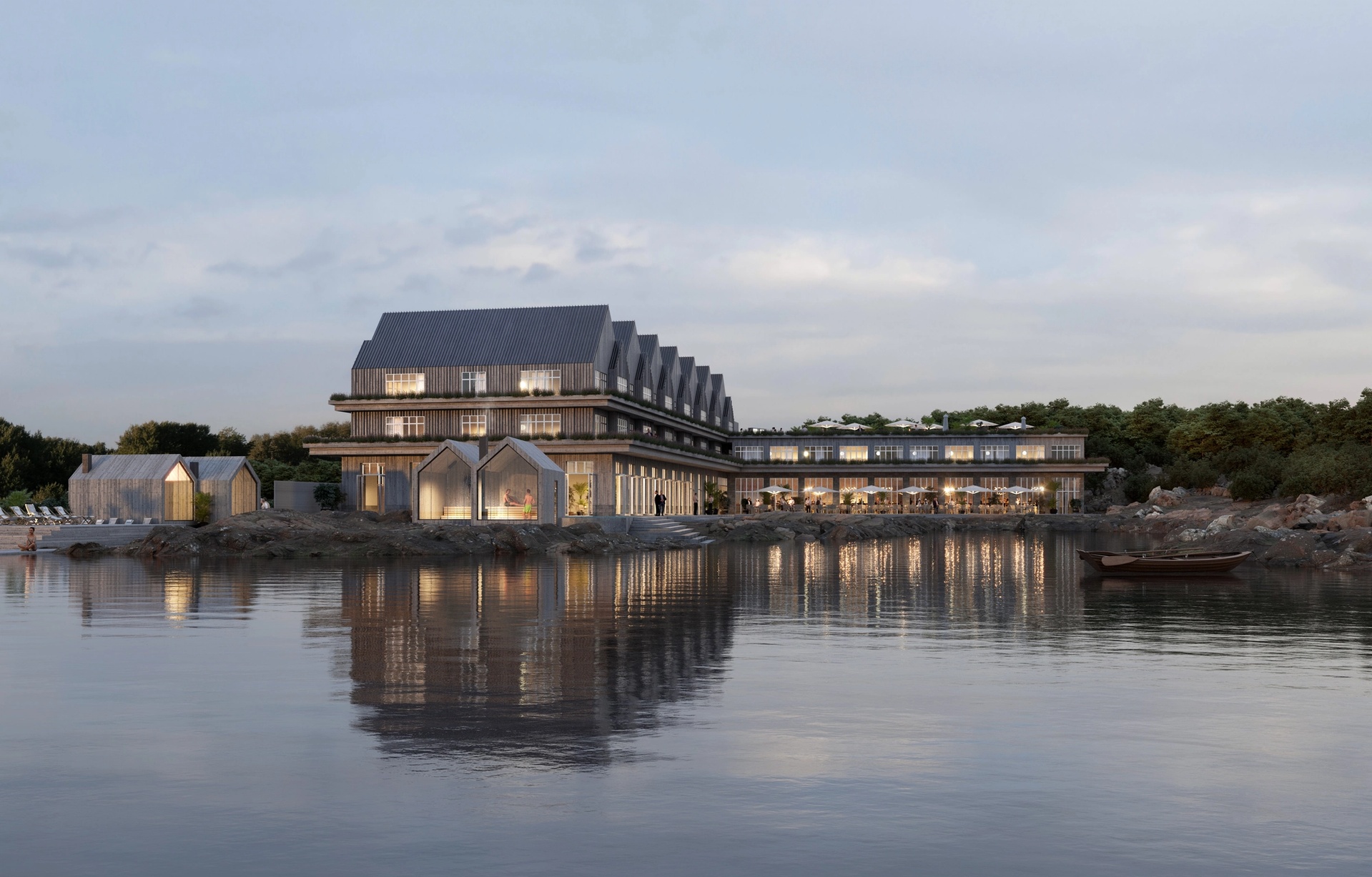 Exteriör visualisering av Krook & Tjäders förslag i markanvisningstävlingen för ett destinationshotell i Norra Långesand.