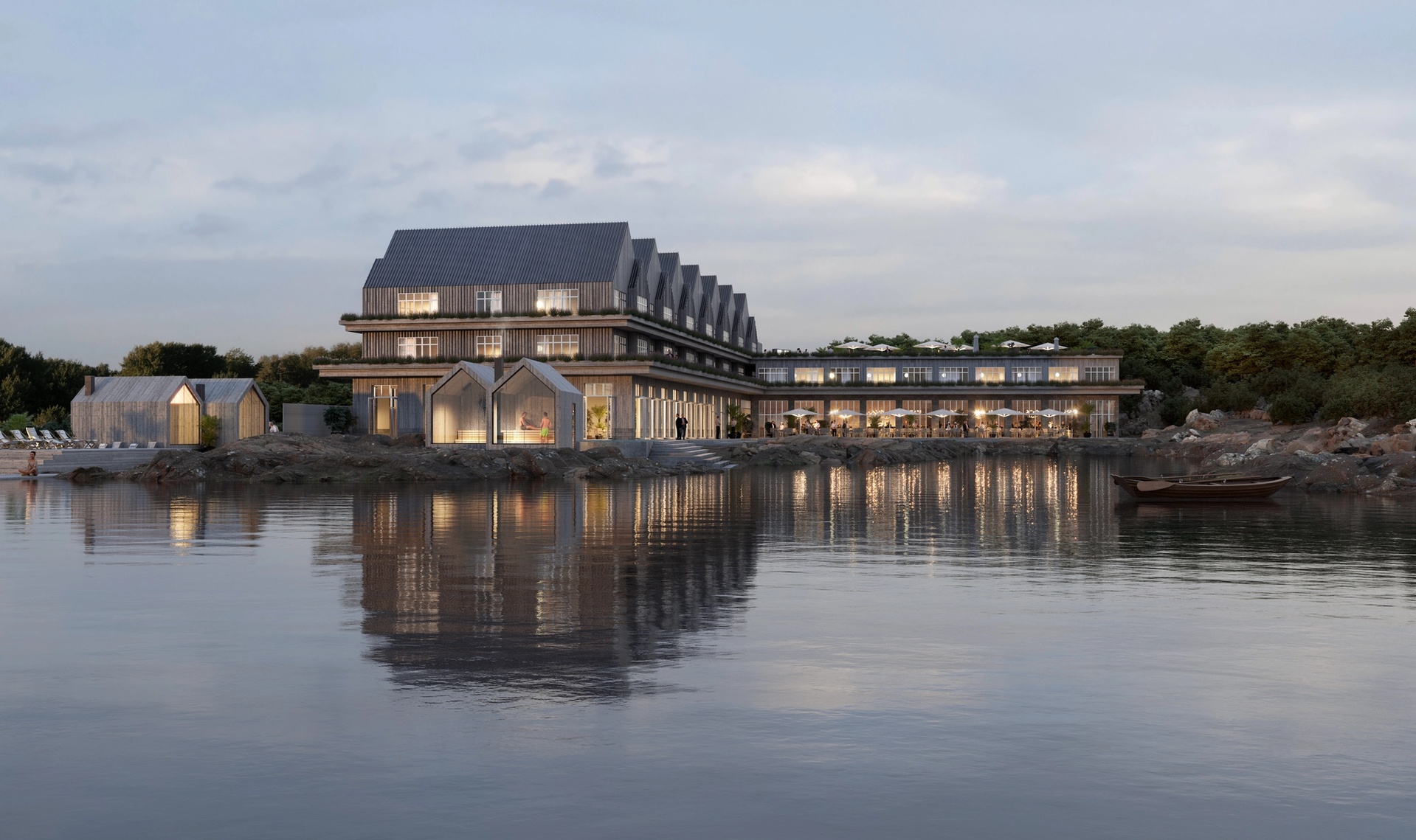 Exteriör visualisering av Krook & Tjäders förslag i markanvisningstävlingen för ett destinationshotell i Norra Långesand.