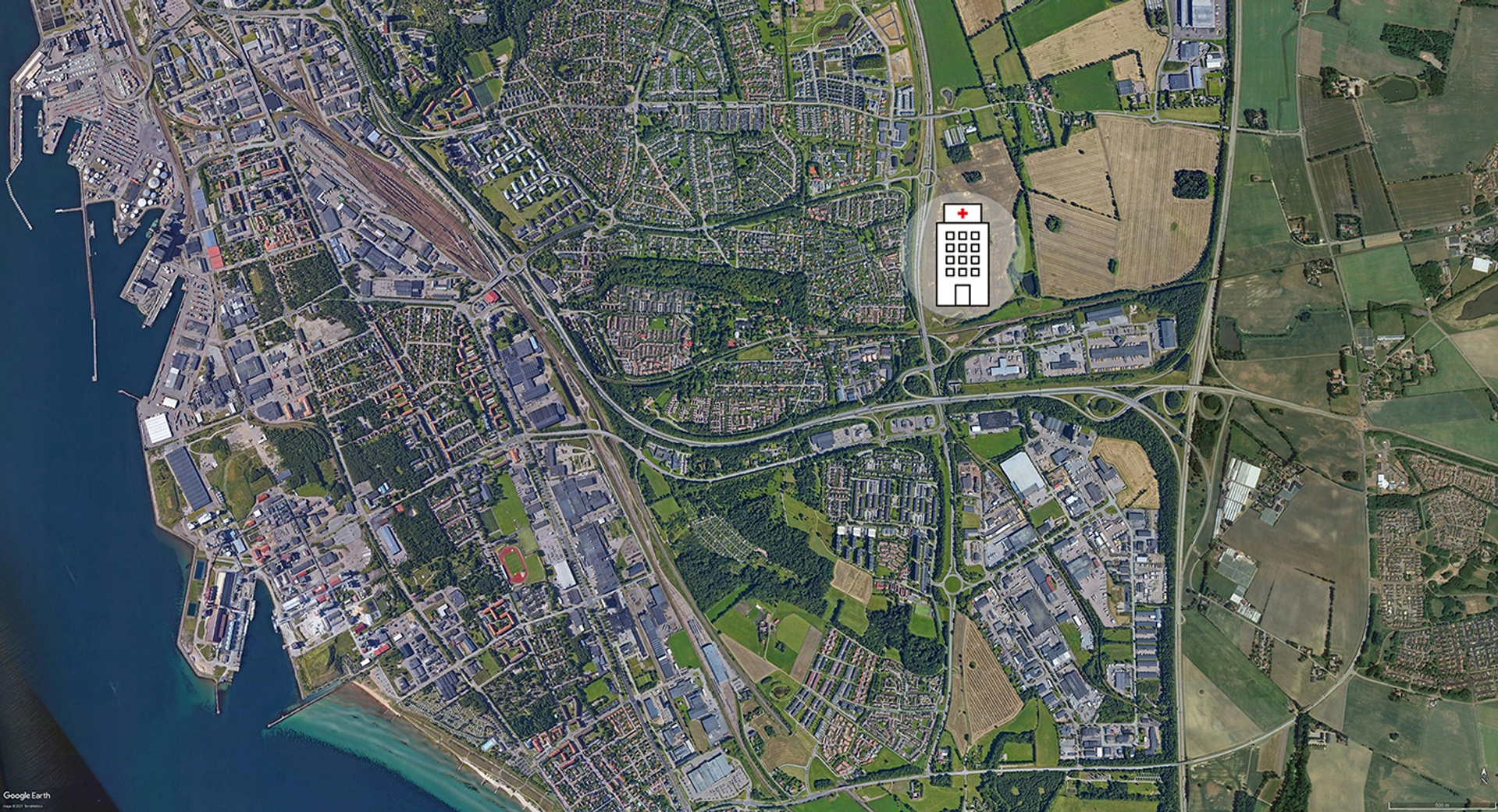 Kartbild med sjukhussymbol för Helsingborgs nya sjukhusområde i Östra Ramlösa
