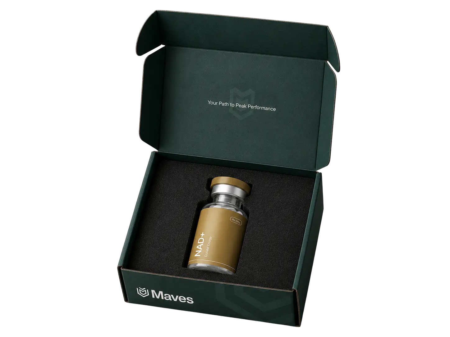 An opened Maves box with the treatment vial inside
