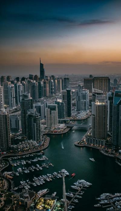 Dubai Marina with luxury yachts and skyscrapers