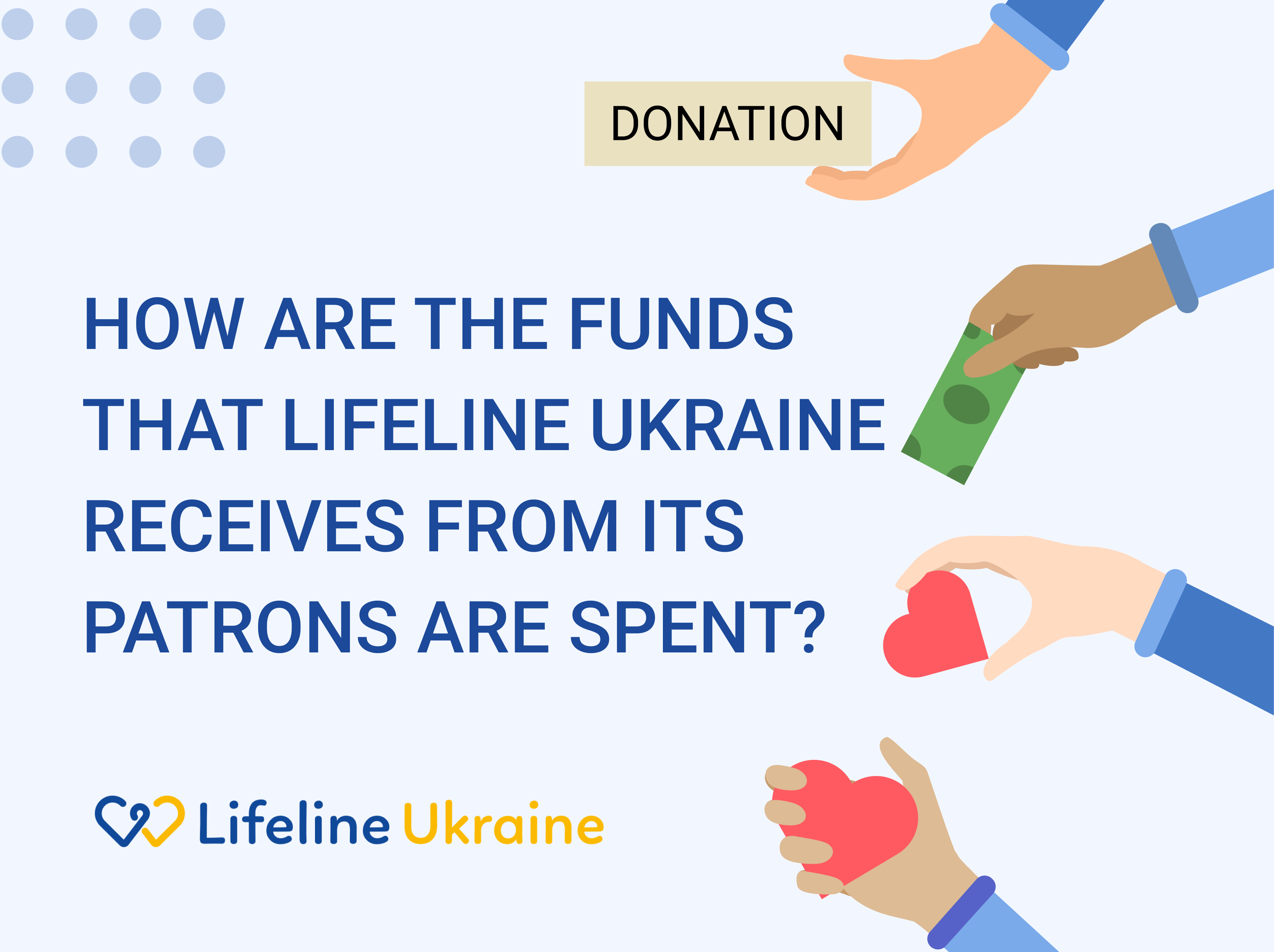 Different hands with donations money and hearts for LifelineUkraine