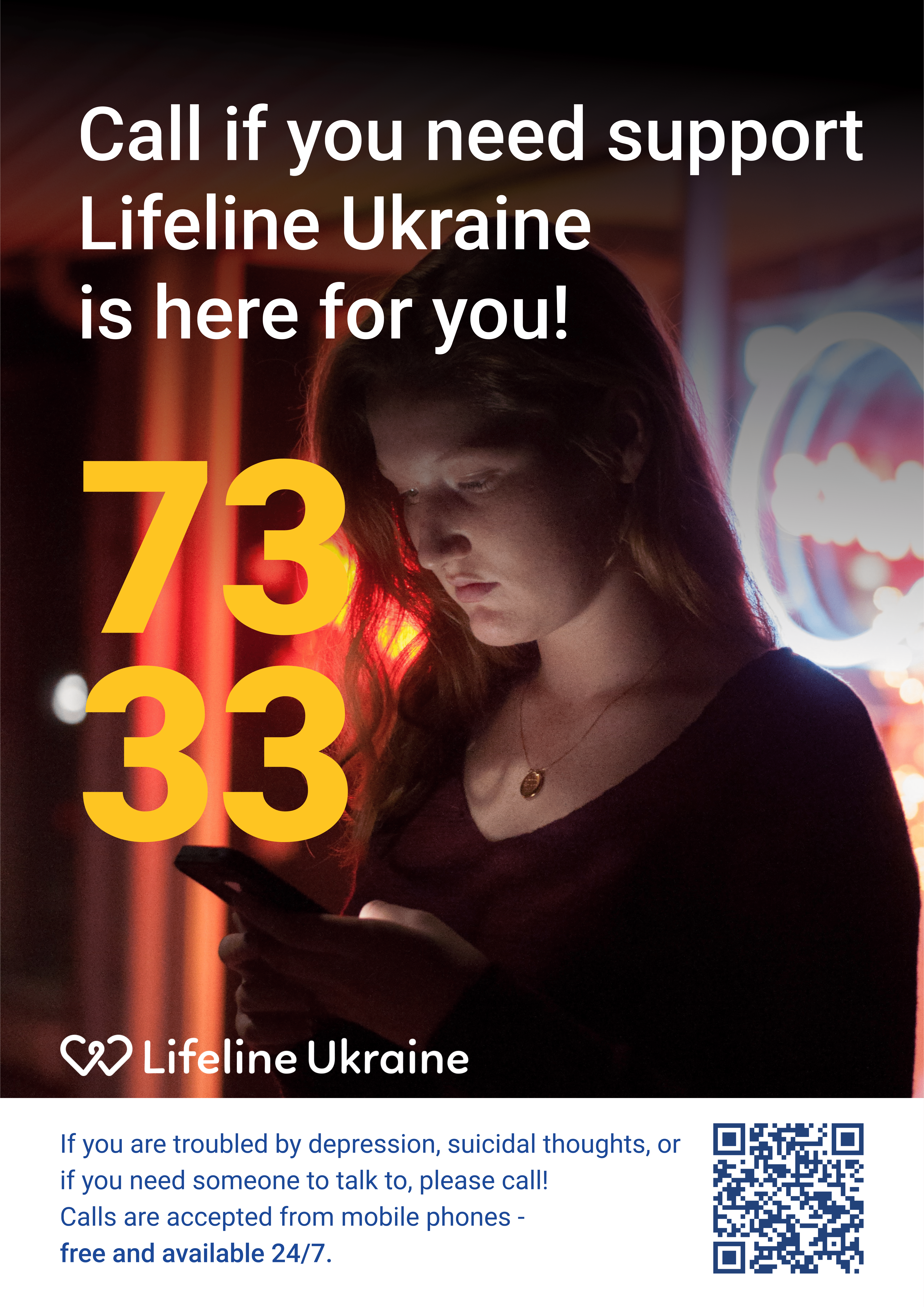 Poster preview Lifeline Ukraine А2 format - Girl write sms to 7333