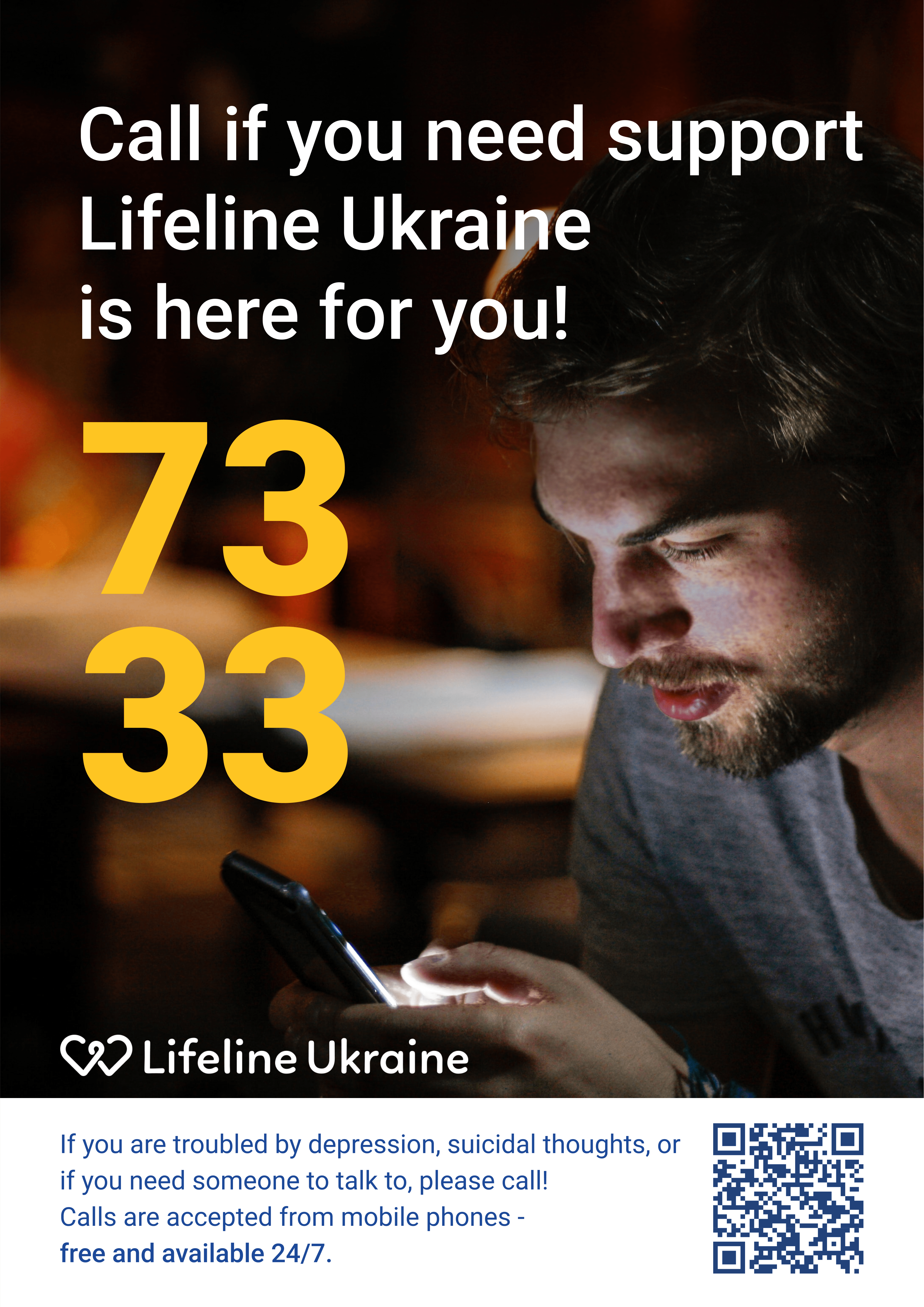 Poster preview Lifeline Ukraine А3 format - Guy write sms to 7333