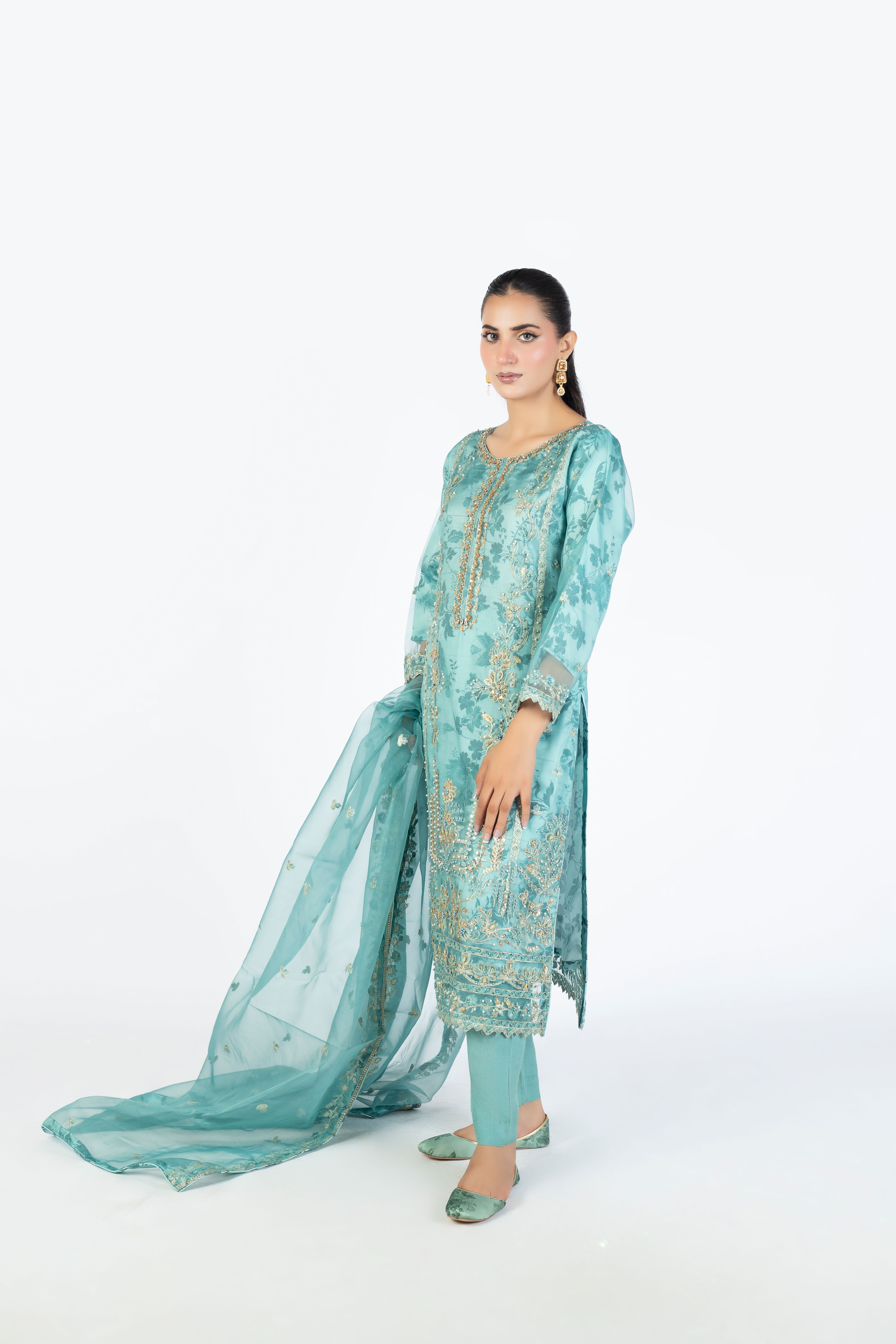 Ocean Blue Handmade Embellished Organza Ensemble - Image 1 thumbnail 2
