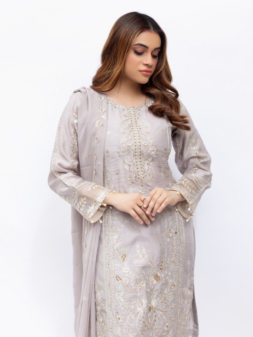 Heer Embroidered Viscose Suit - Lilac Grey AZ16 image 1