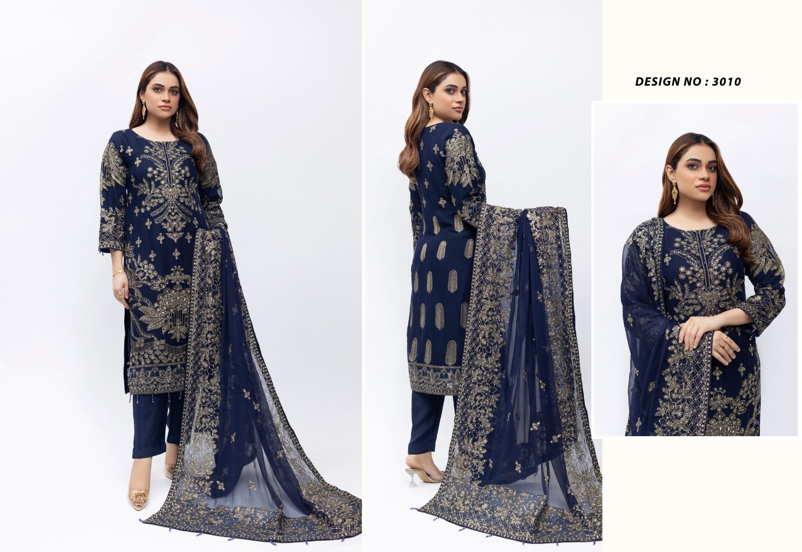 Heer Embroidered Crinkle Suit - Navy Blue 3010 image 1 thumbnail 2