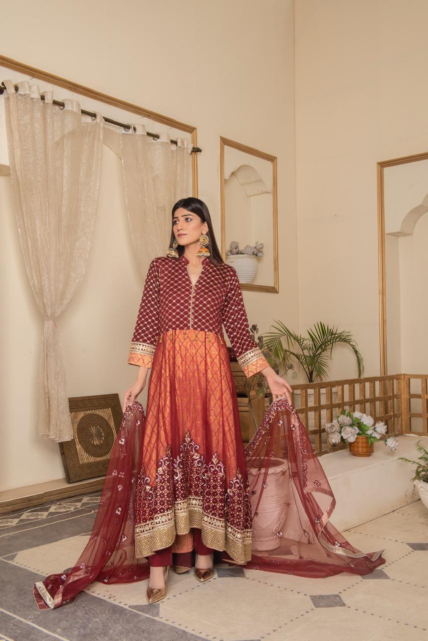 Maroon Embroidered Net Maxi image 1 thumbnail 3