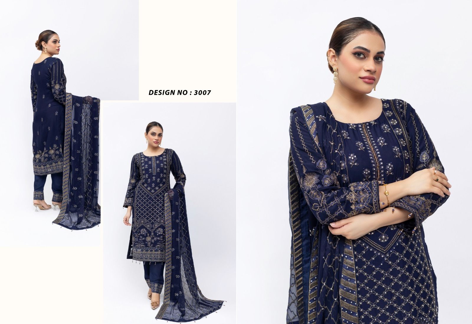 Heer Embroidered Crinkle Suit - Navy Blue 3007 image 1 thumbnail 2