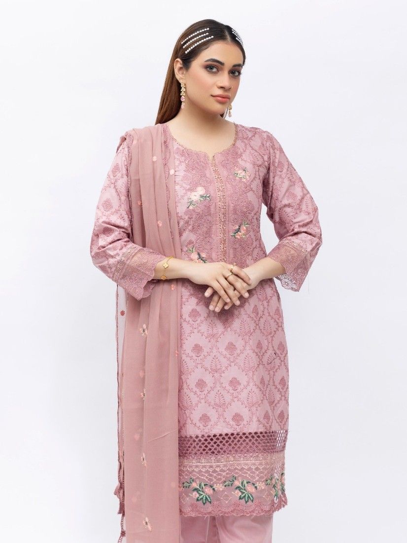 Heer Embroidered Cotton Suit - Rose Pink 3079 image 1