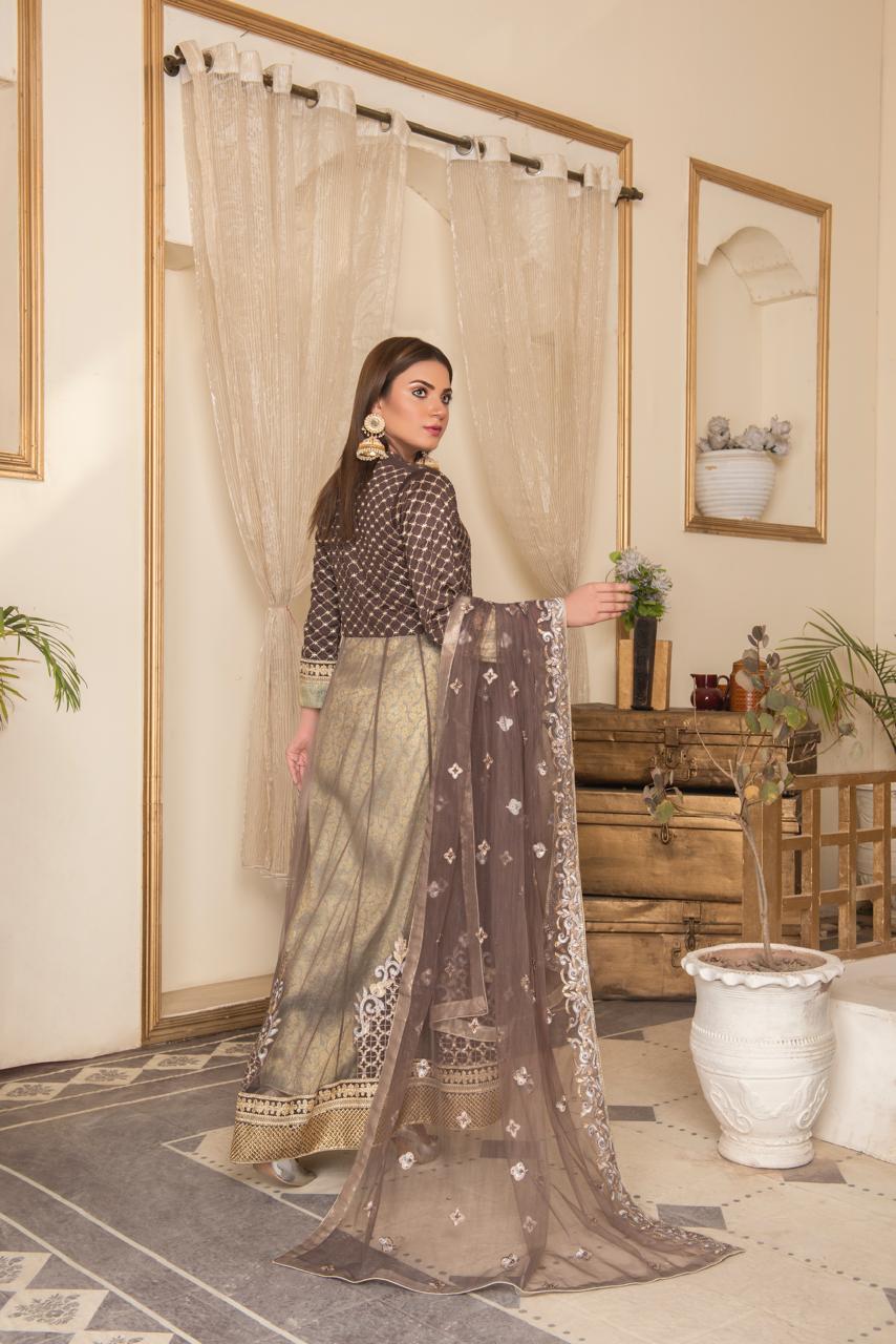 Brown & Sage Embroidered Net Maxi image 1 thumbnail 2