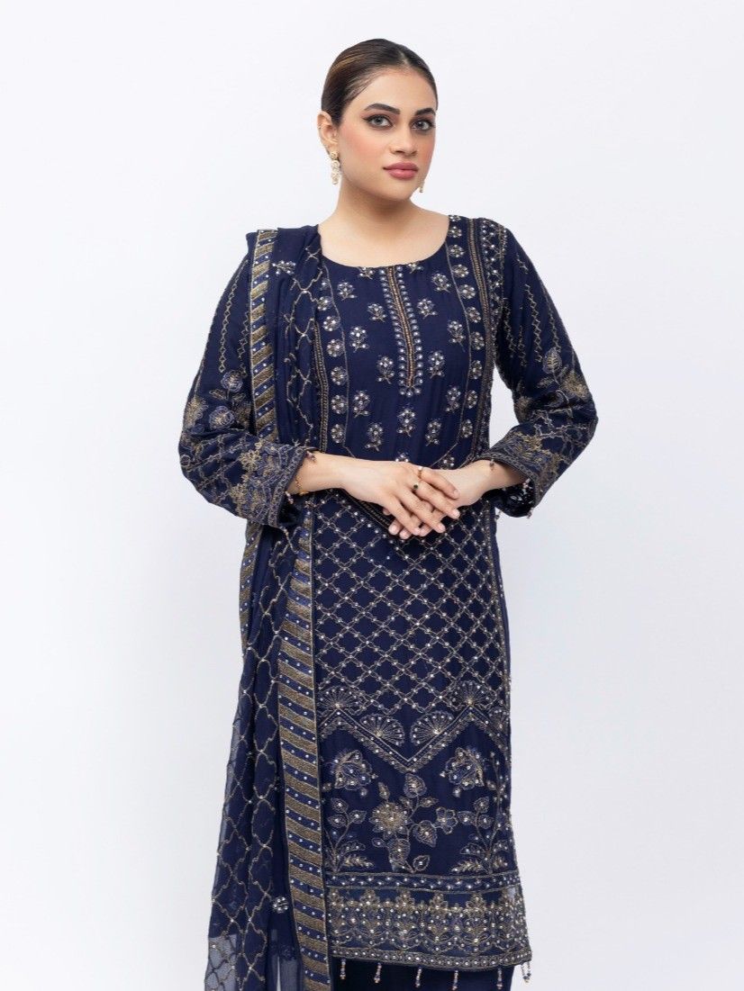 Heer Embroidered Crinkle Suit - Navy Blue 3007 image 1
