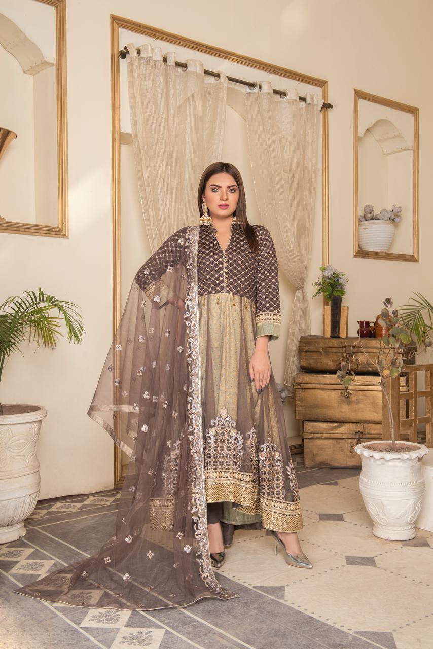 Brown & Sage Embroidered Net Maxi image 1 thumbnail 3