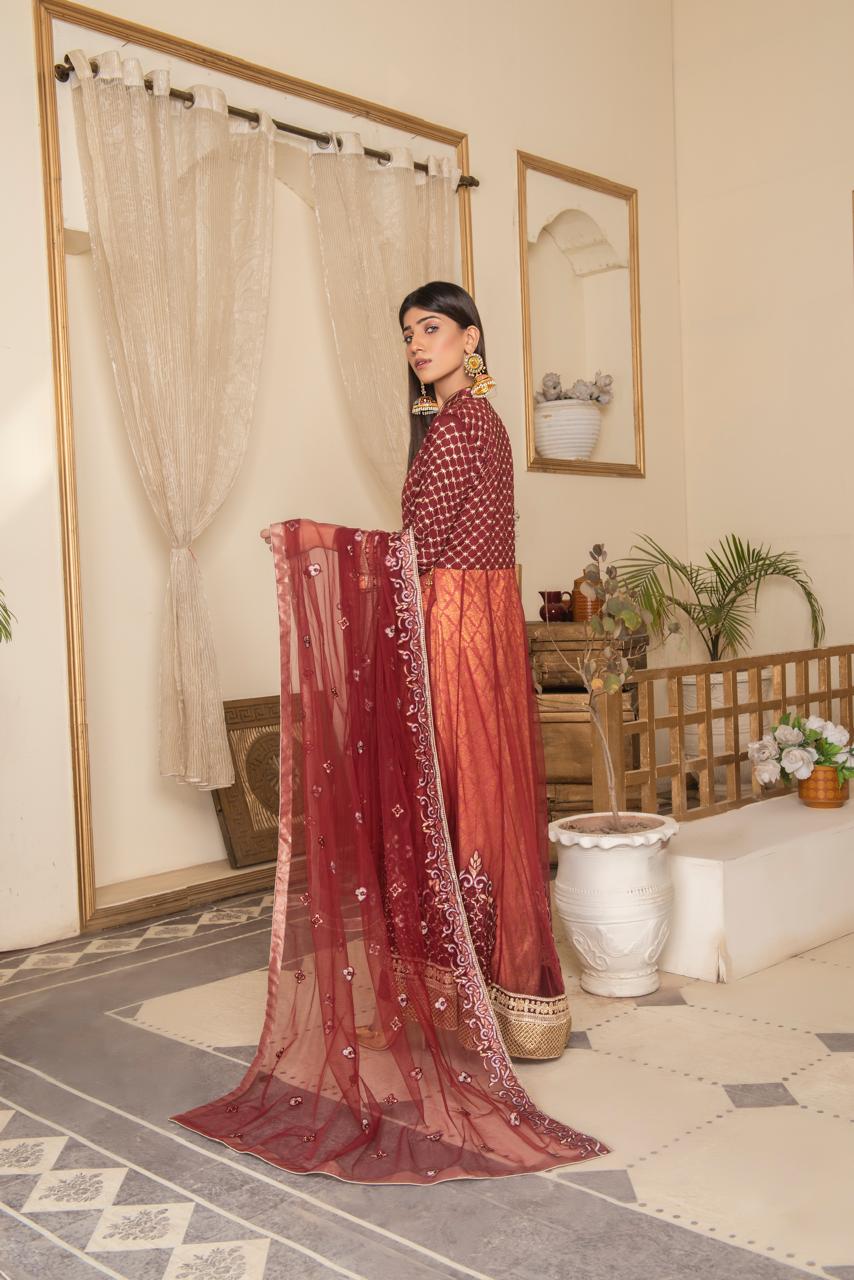 Maroon Embroidered Net Maxi image 1 thumbnail 2