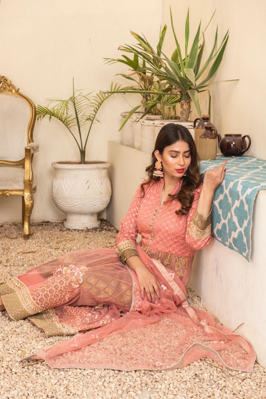 Peach Coral Embroidered Net Maxi image 1