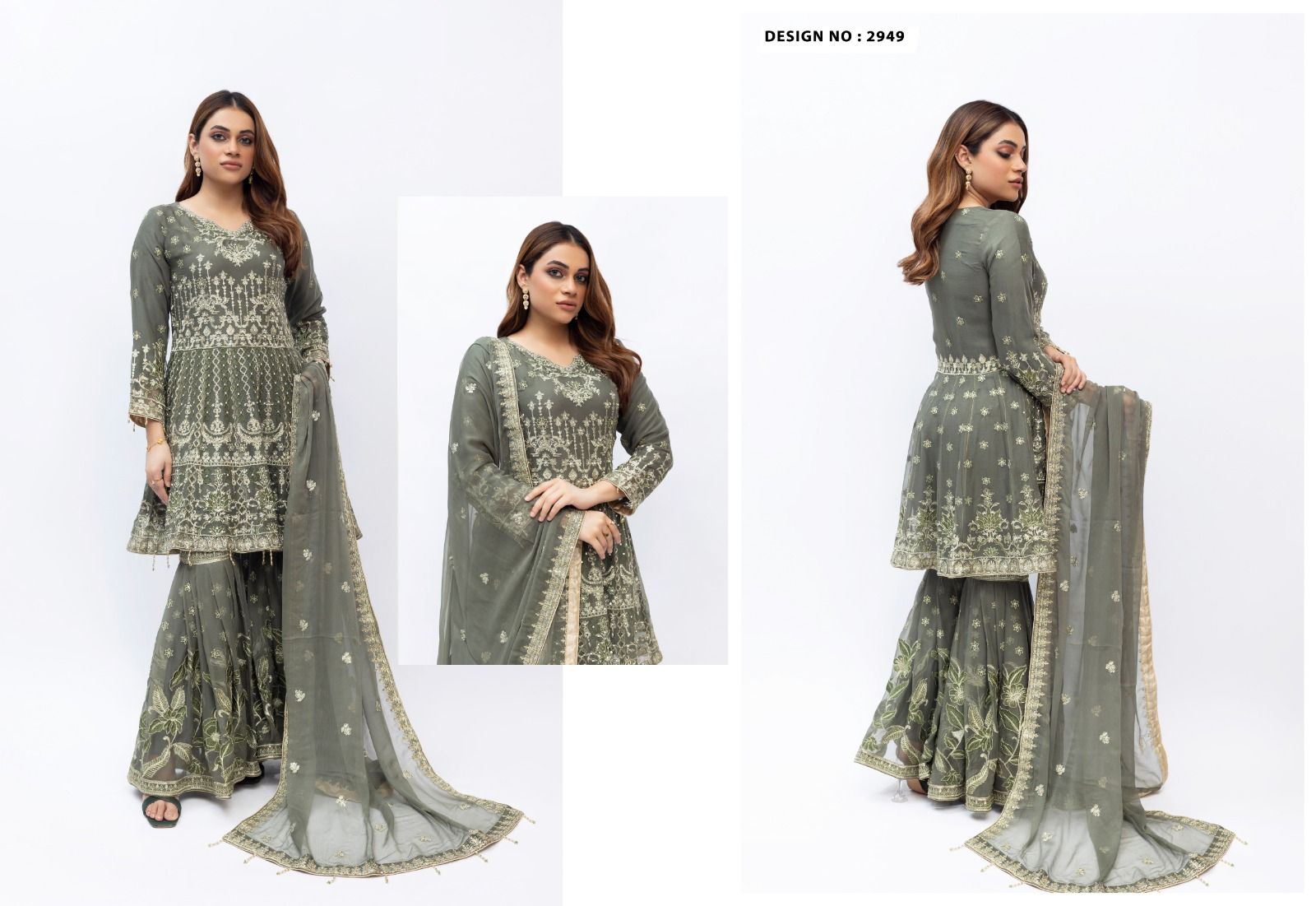Heer Embroidered Crinkle Frock Gharara - Sage Green 2949 image 1 thumbnail 2