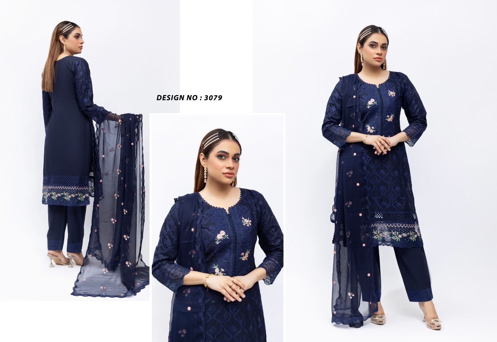 Heer Embroidered Cotton Suit - Navy Blue 3079 image 1 thumbnail 2