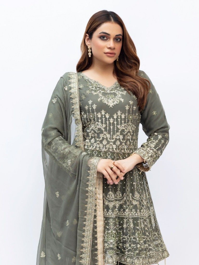 Heer Embroidered Crinkle Frock Gharara - Sage Green 2949 image 1