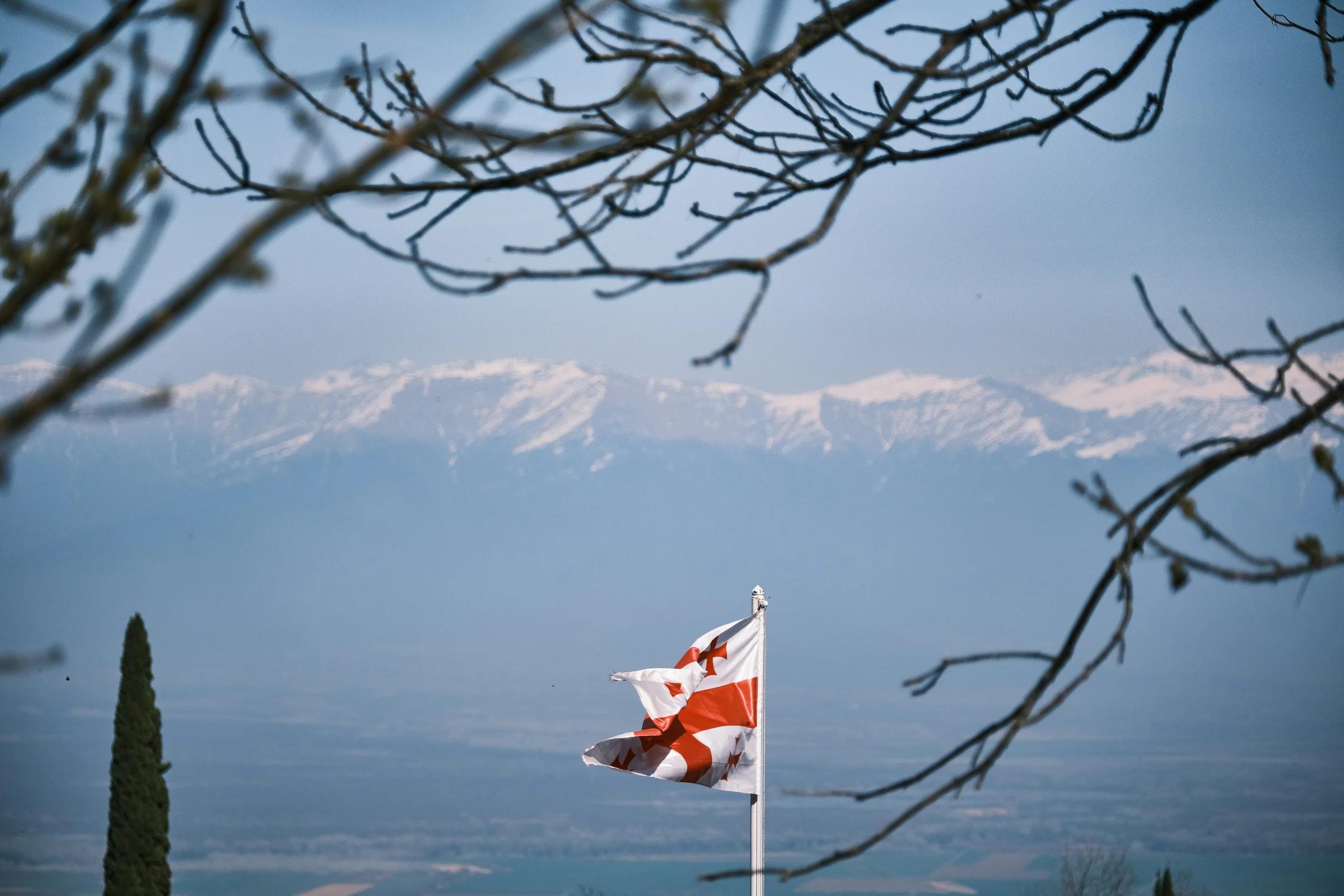 Georgian flag waving with snow-capped mountains in background.