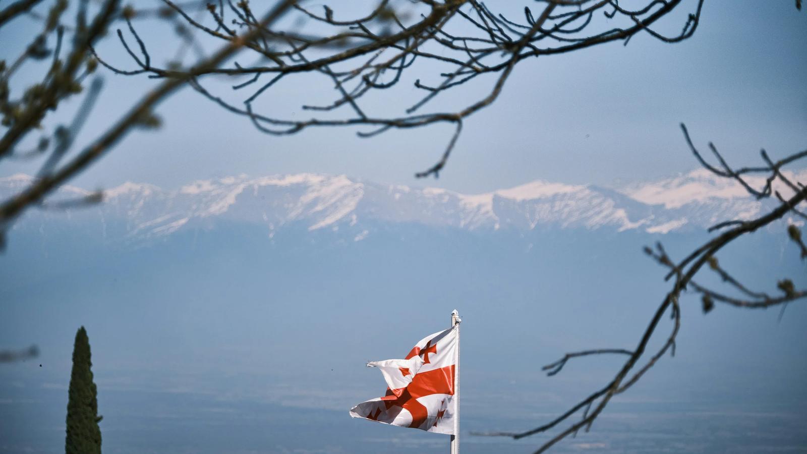 Georgian flag waving with snow-capped mountains in background.