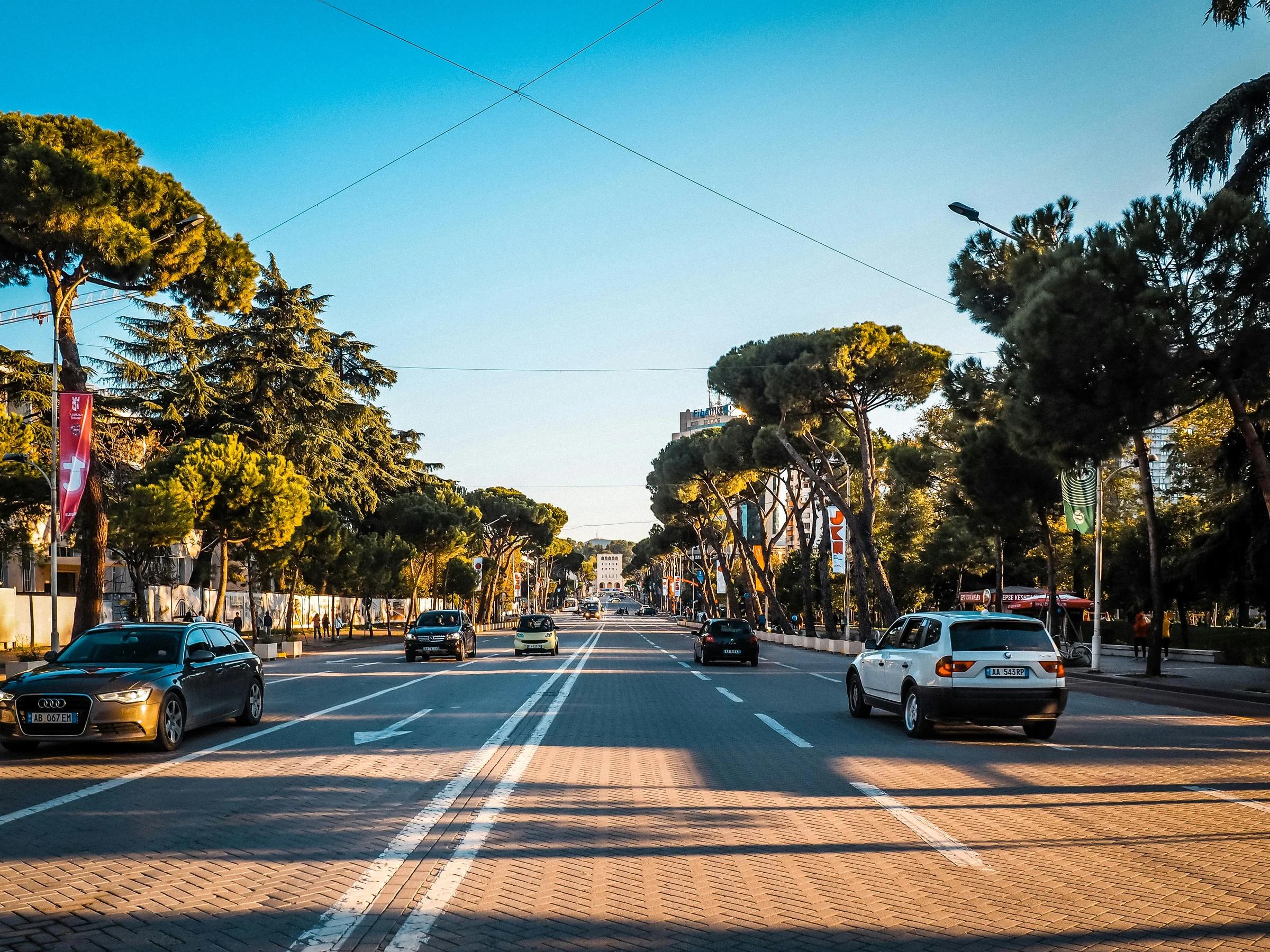 Cars driving down a sunny road with trees.