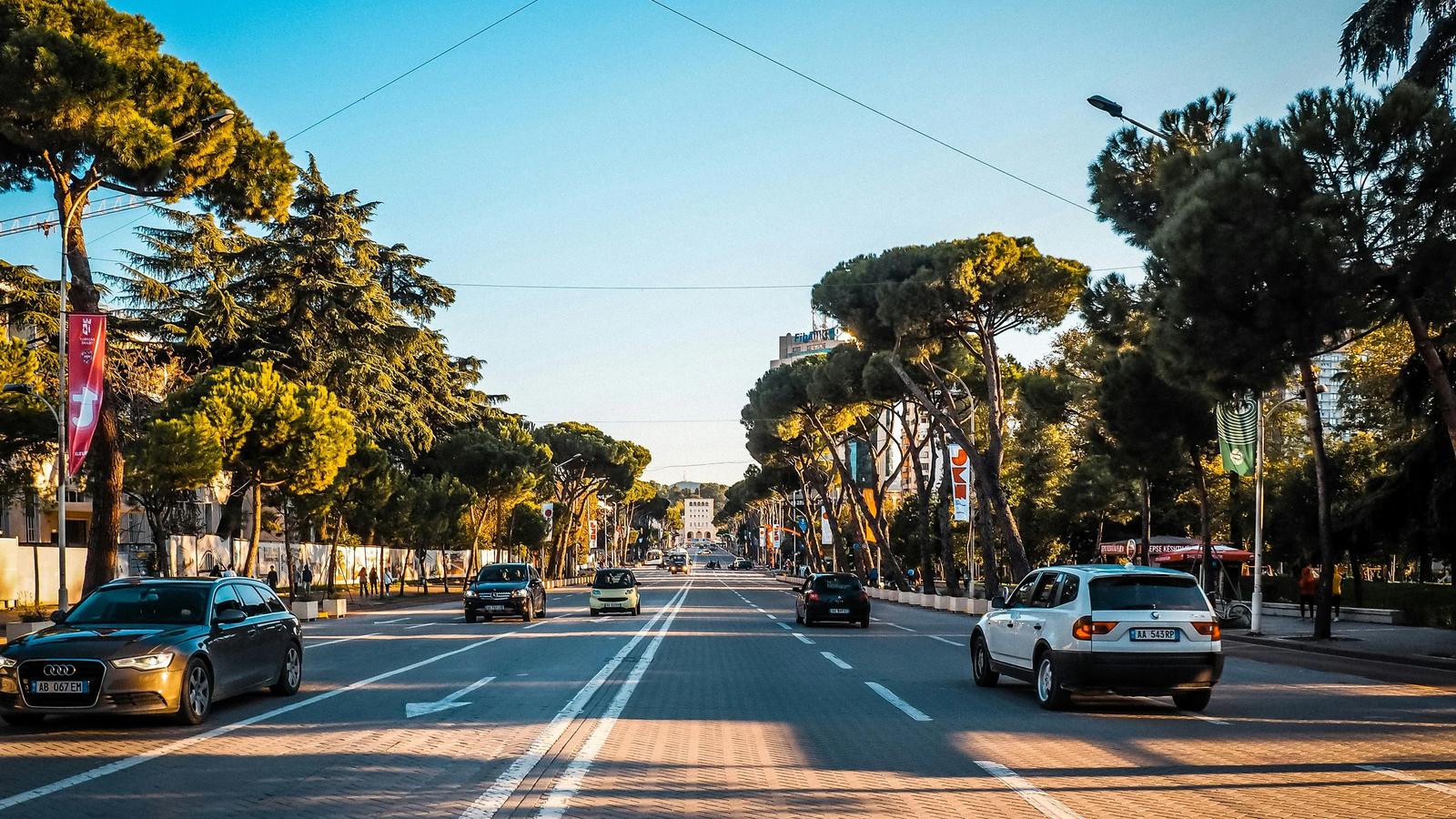 Cars driving down a sunny road with trees.