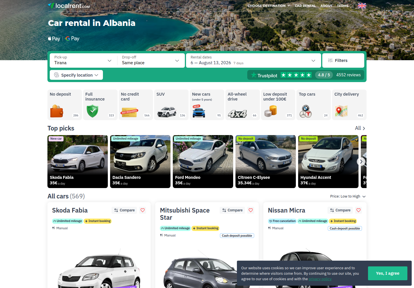 Английская версия Localrent для Албании с теми же ключевыми фильтрами.