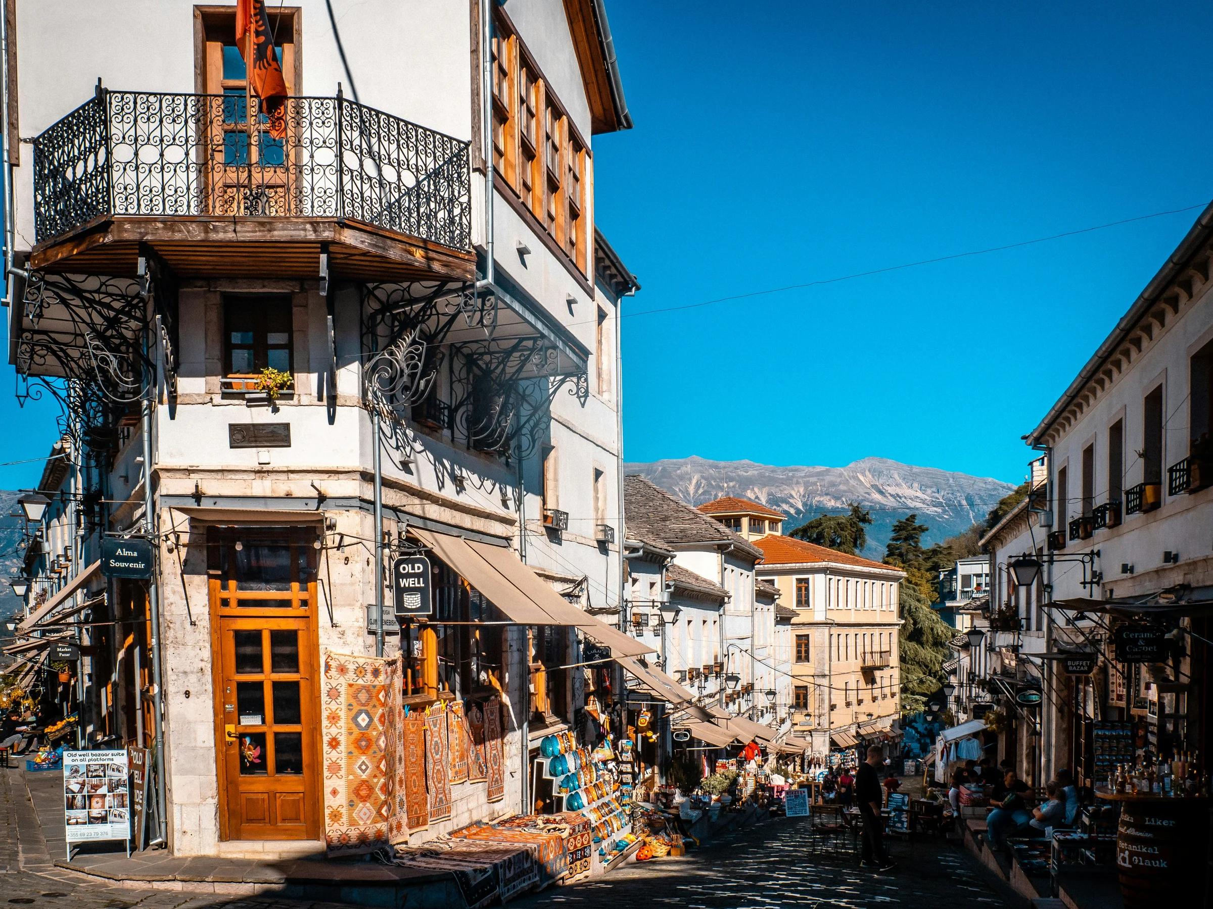 Beautiful architecture and bustling street in albania.
