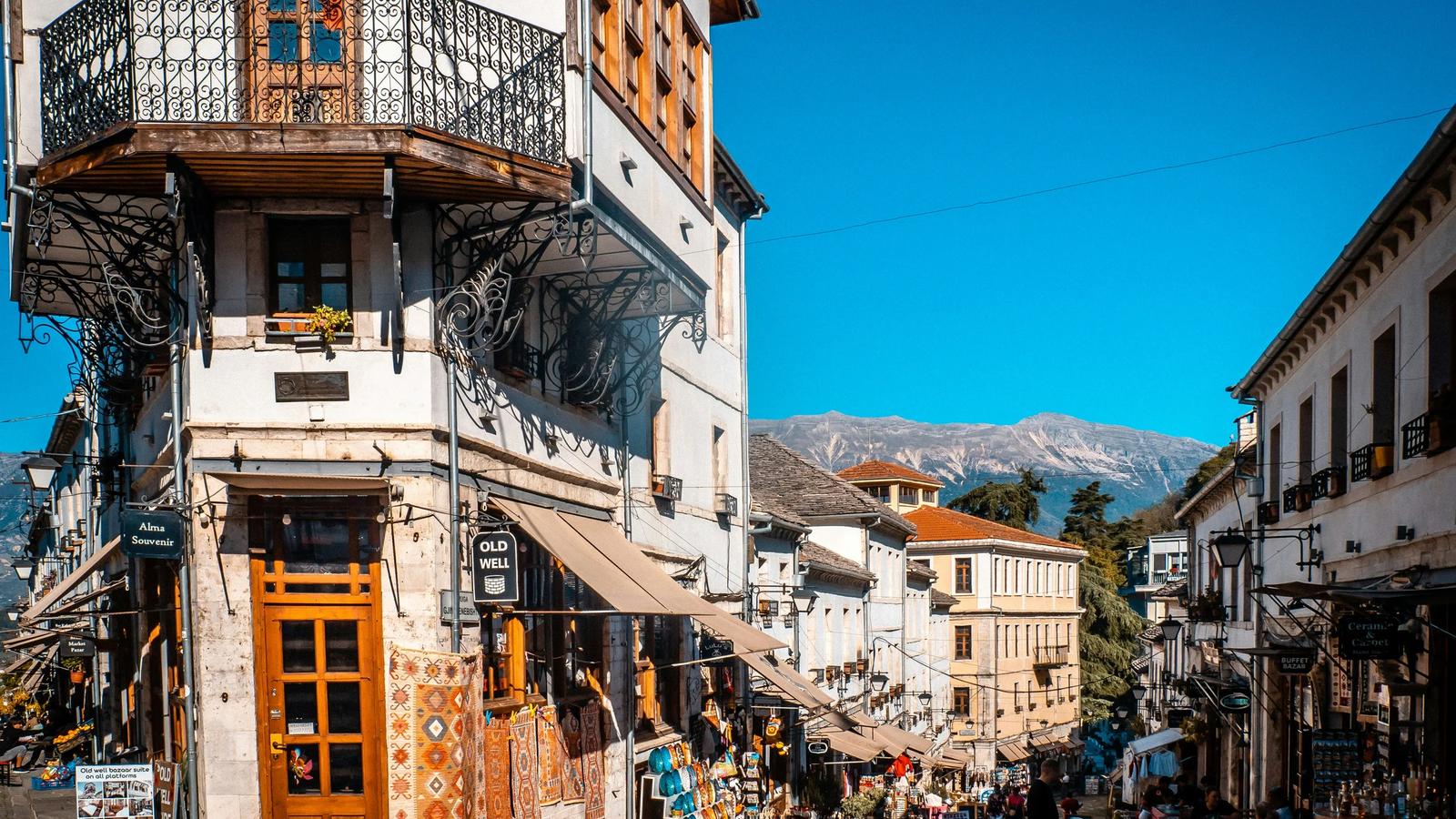 Beautiful architecture and bustling street in albania.