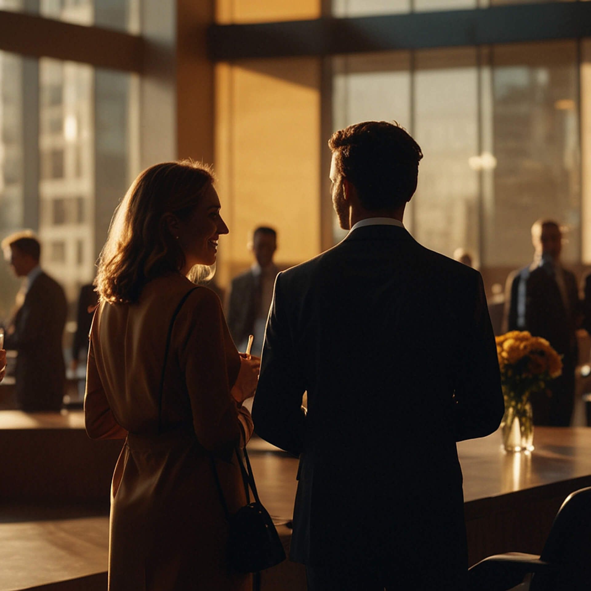 A man and a woman in formal attire, photographed from behind, are talking at a warmly lit networking event, with other people in the background.