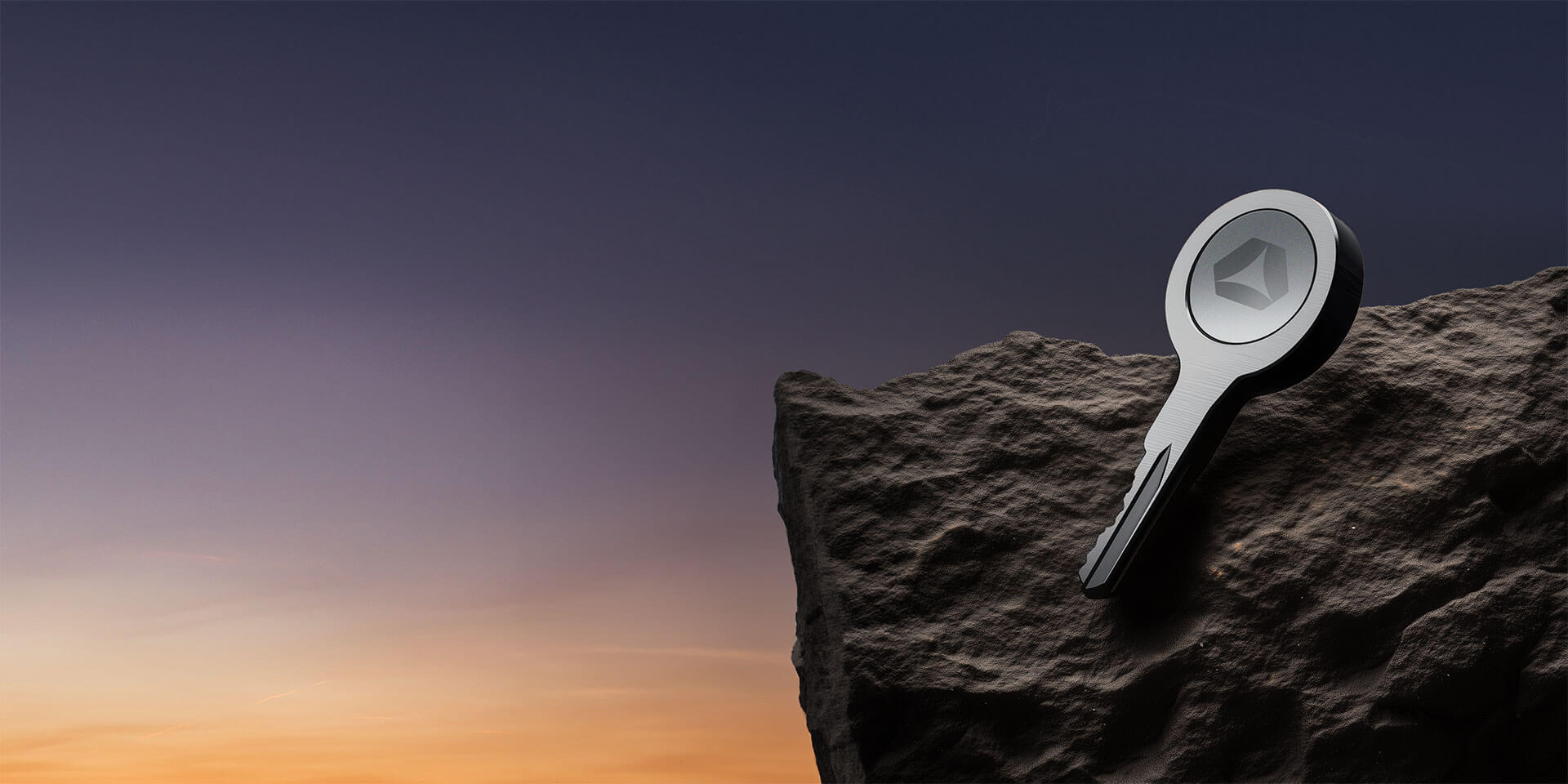 Futuristic digital rendering of a large key bearing the Abloxx logo, resting on a rock against a twilight sky. Large text reads 'Crypto Simplified'.