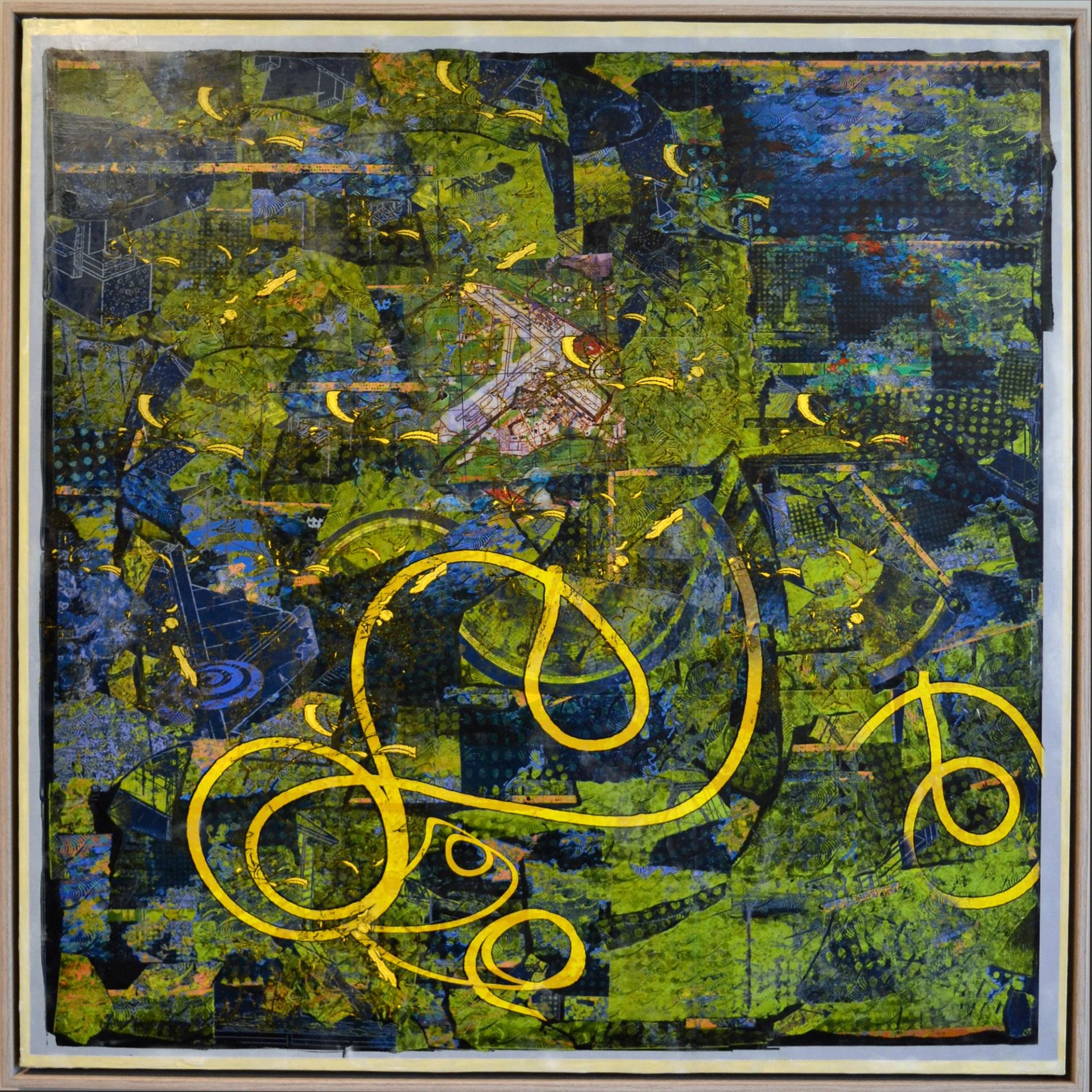 Robin Smith Peck painting of city aerial of a flight path in yellows, greens, blues, and blacks.