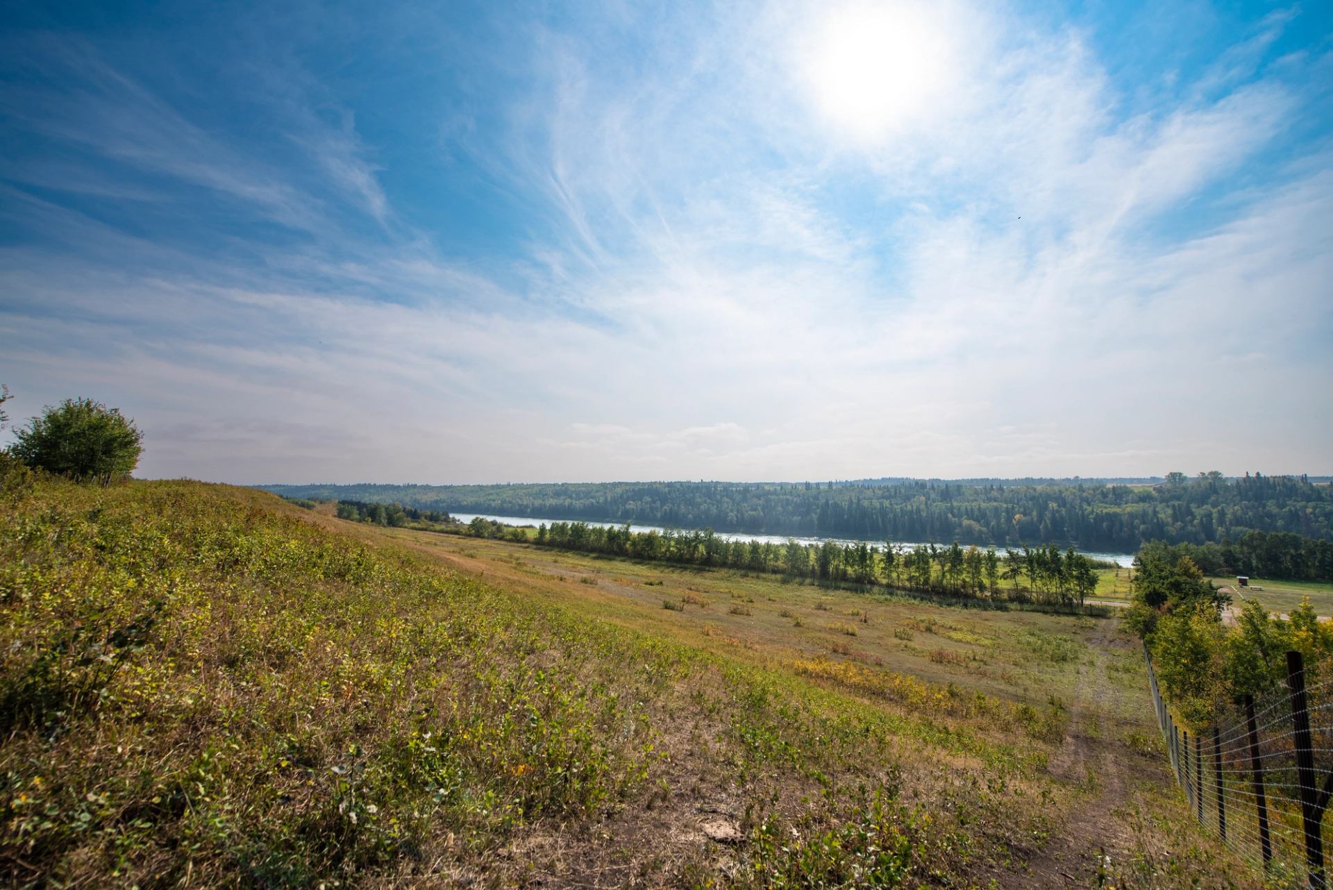 Grassy hillside overlooking a river, tree line and bright sun in a blue sky.