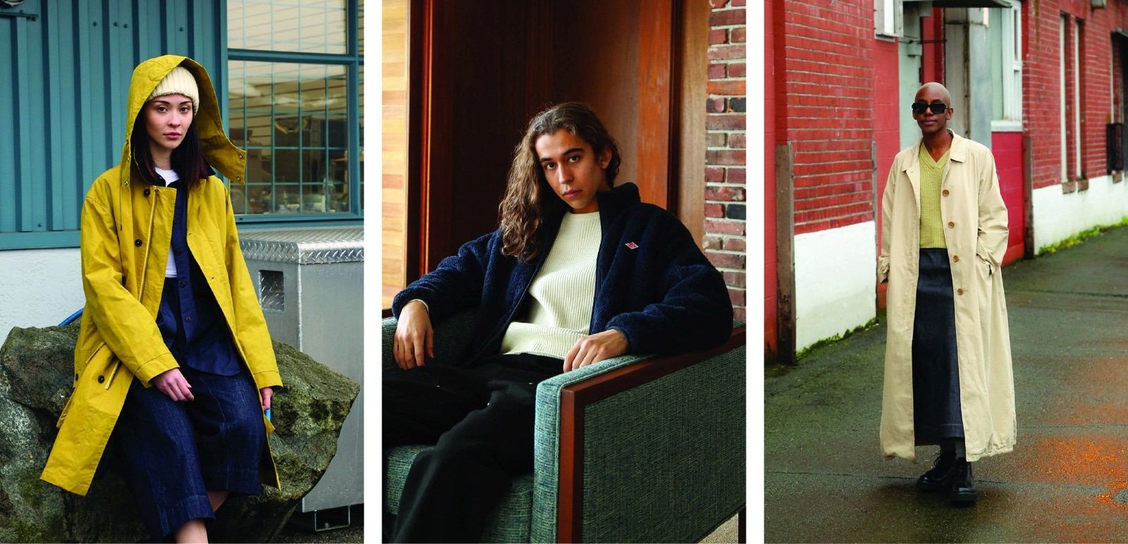 Collage of people modelling raincoat, jacket and trench coat in urban settings.