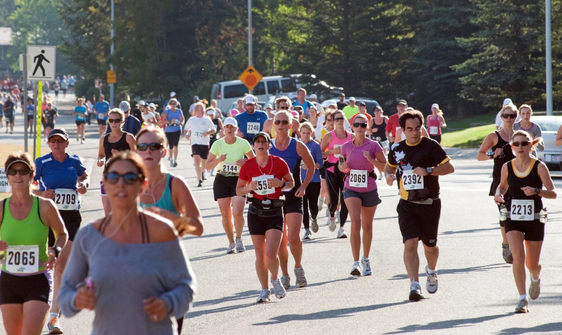 Runners in a road race on a tree-lined street, wearing numbered bibs.