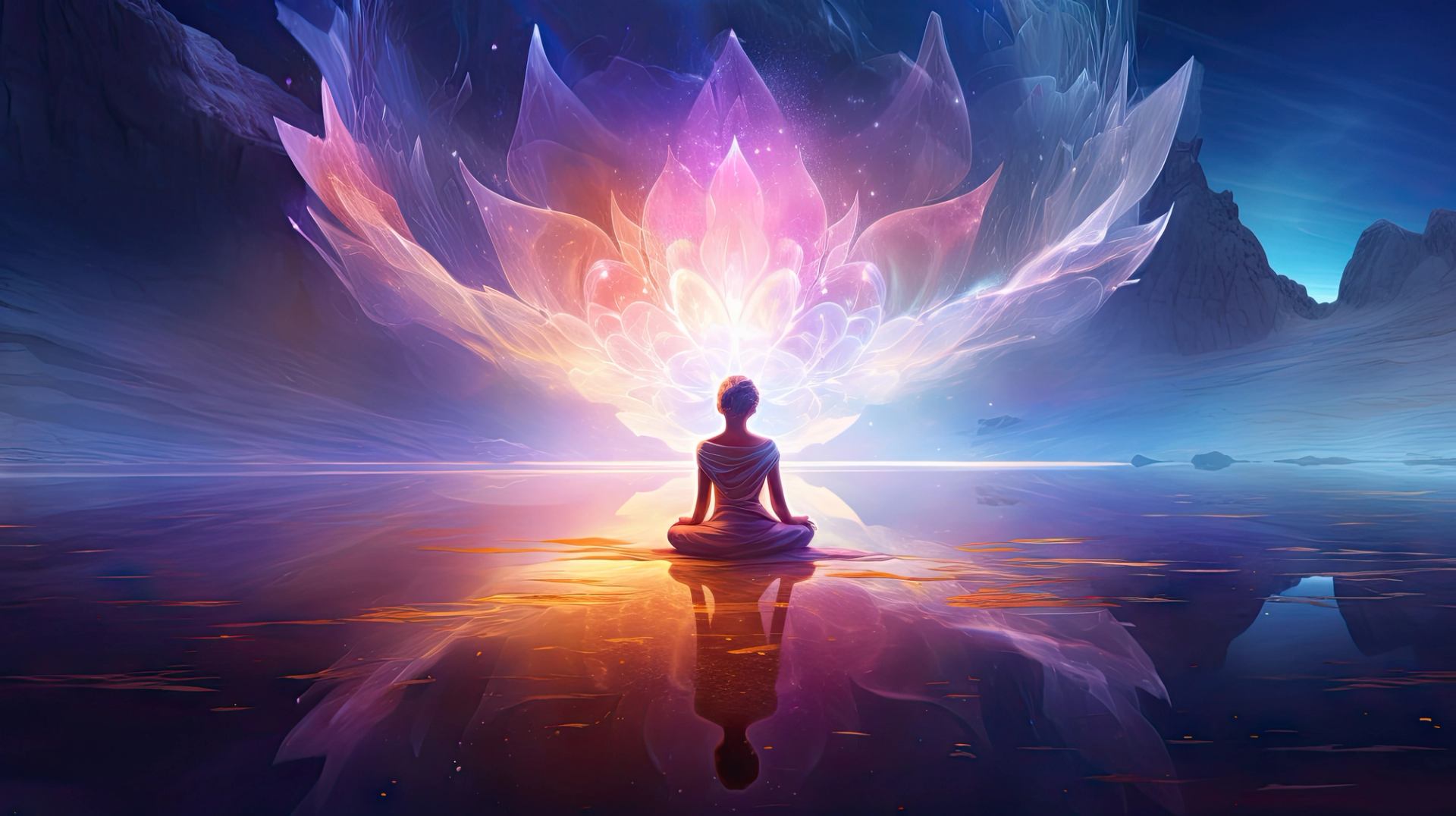 Person meditating before a glowing, lotus‑like light in a calm, dreamlike landscape.