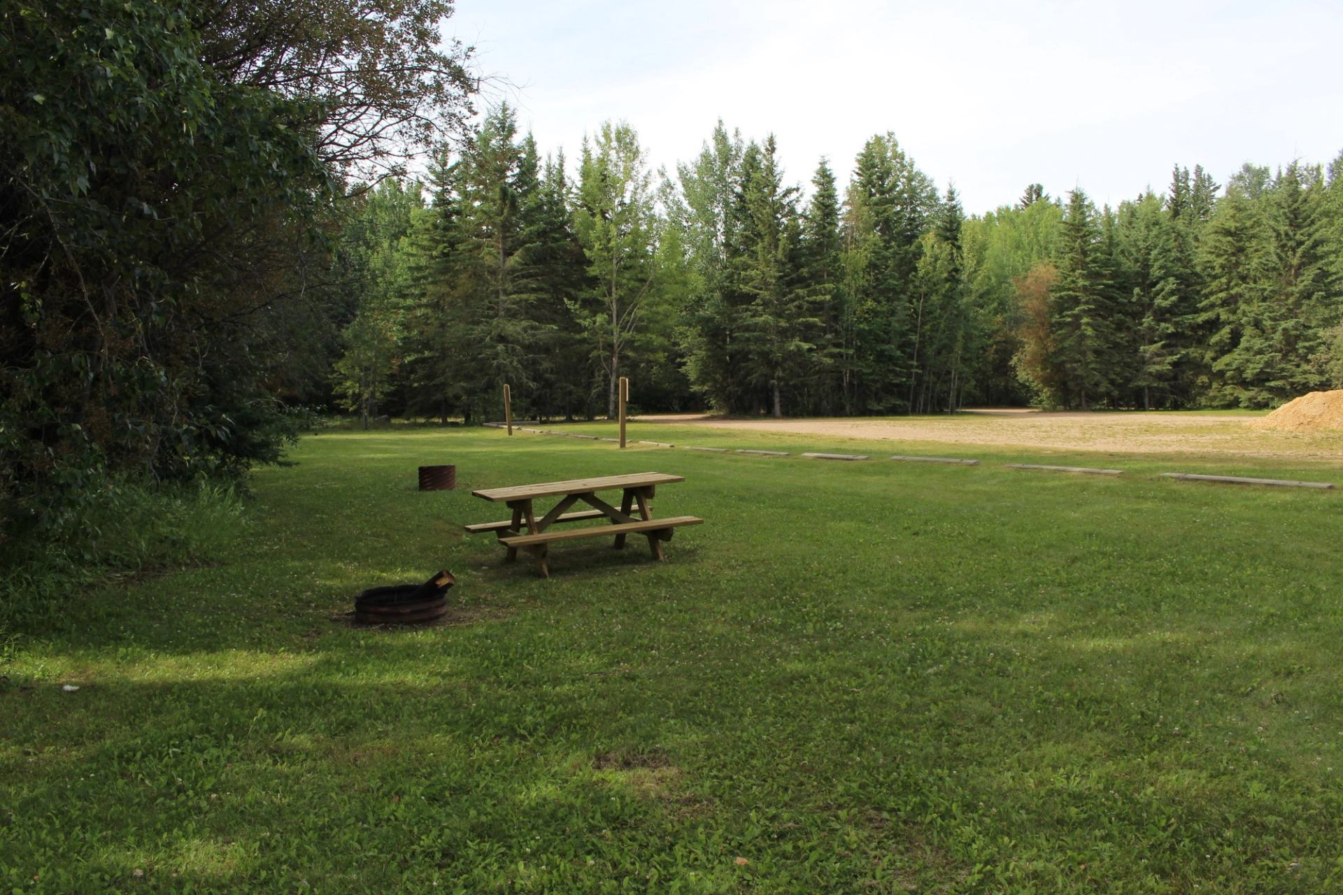 Picnic table and fire pits on a mowed lawn near trees.